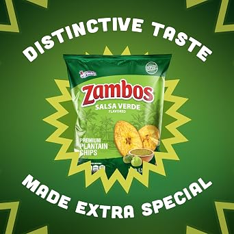 Zambos Salsa Verde Plantain Chips, 5.3 oz Crunchy Snack, Gluten Free Bold Chili Lime Flavor, 1 Bag