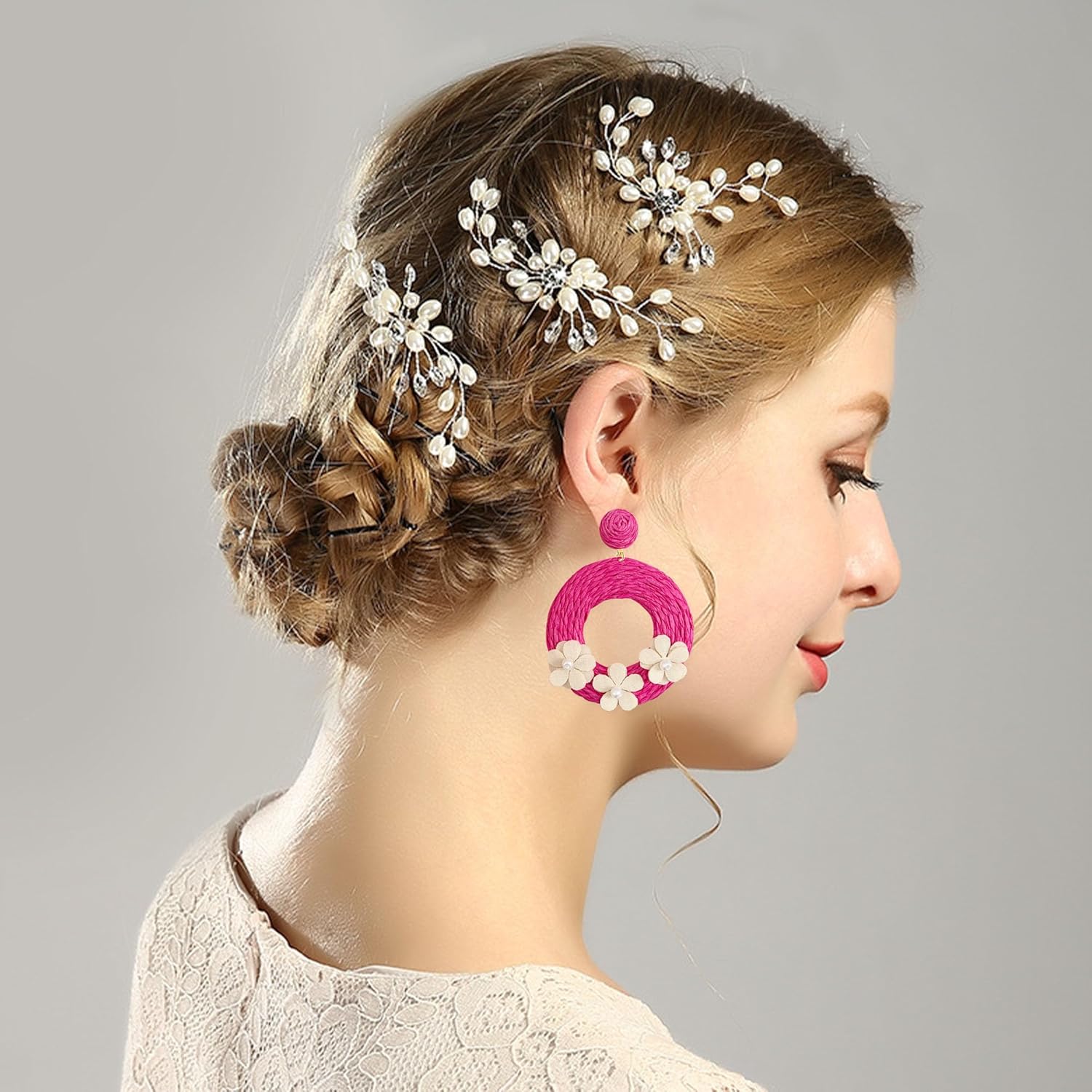 Round Circle Statement Raffia Earrings Boho Rattan Dangle Lightweight Straw Wrap Summer Drop Dangling Earrings for Women - Image 2