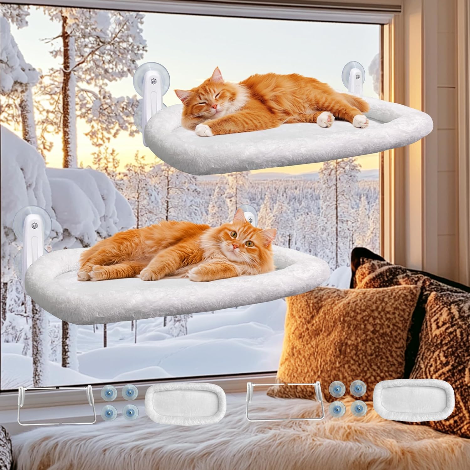 L&W BROS. 2PC Cat Window Perch Cushion Bed Cat Hammock with 4 Updated Suction Cups Easy to Assemble Window Bed for Heavy Large Cats (M 2Pc)