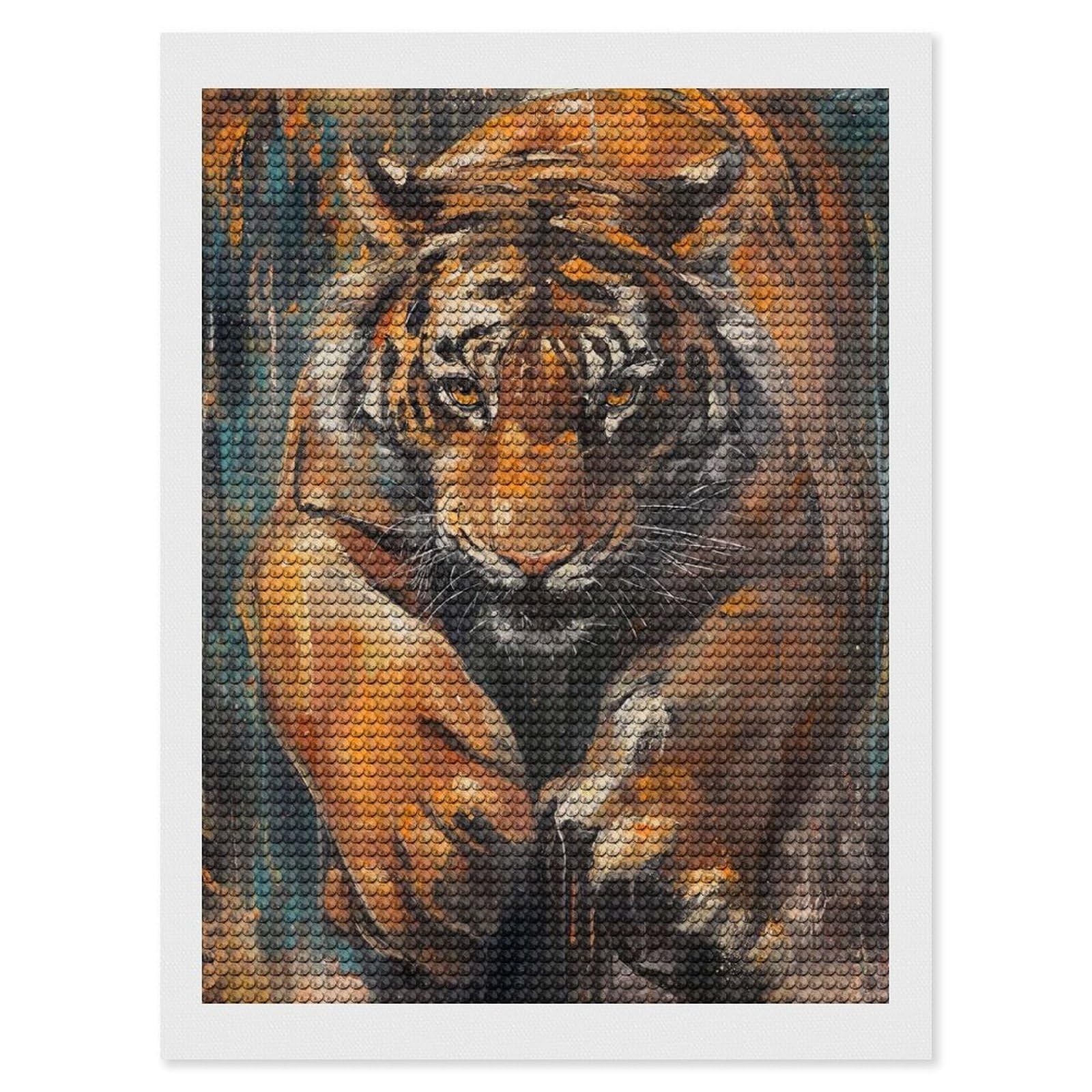 Junmoney Bengal Tiger Mysterious Round Drill Diamond Painting 12"x16", for Adults, Creative Leisure Activity, Office Decor, Holiday Gift Idea
