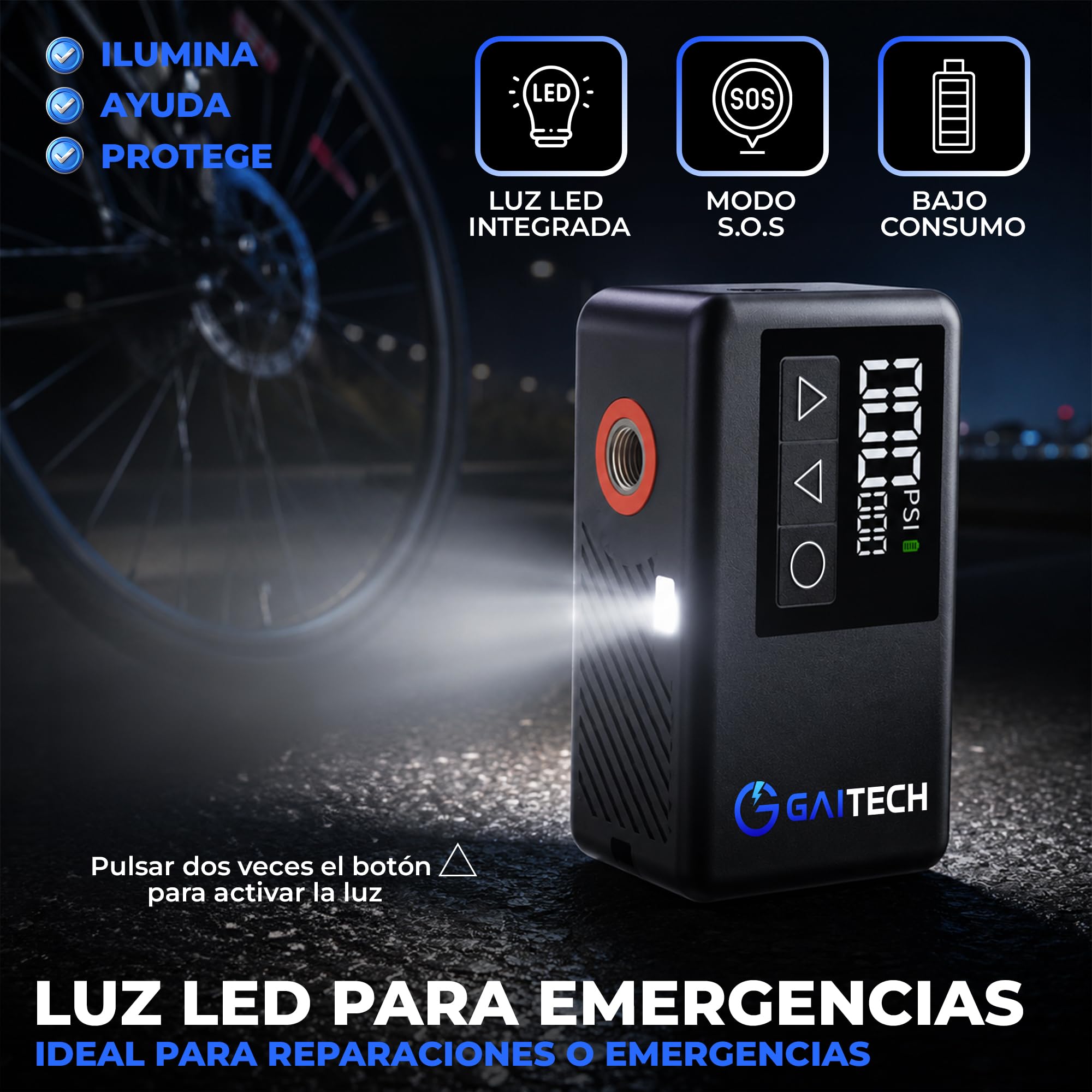 Inflador Eléctrico Bicicleta 120 PSI, Bomba de Bicicleta Portátil Recargable con Luz LED y Pantalla Digital, Hinchador Eléctrico Compacto Compatible Presta y Schrader, Inflado Rápido MTB y Carretera