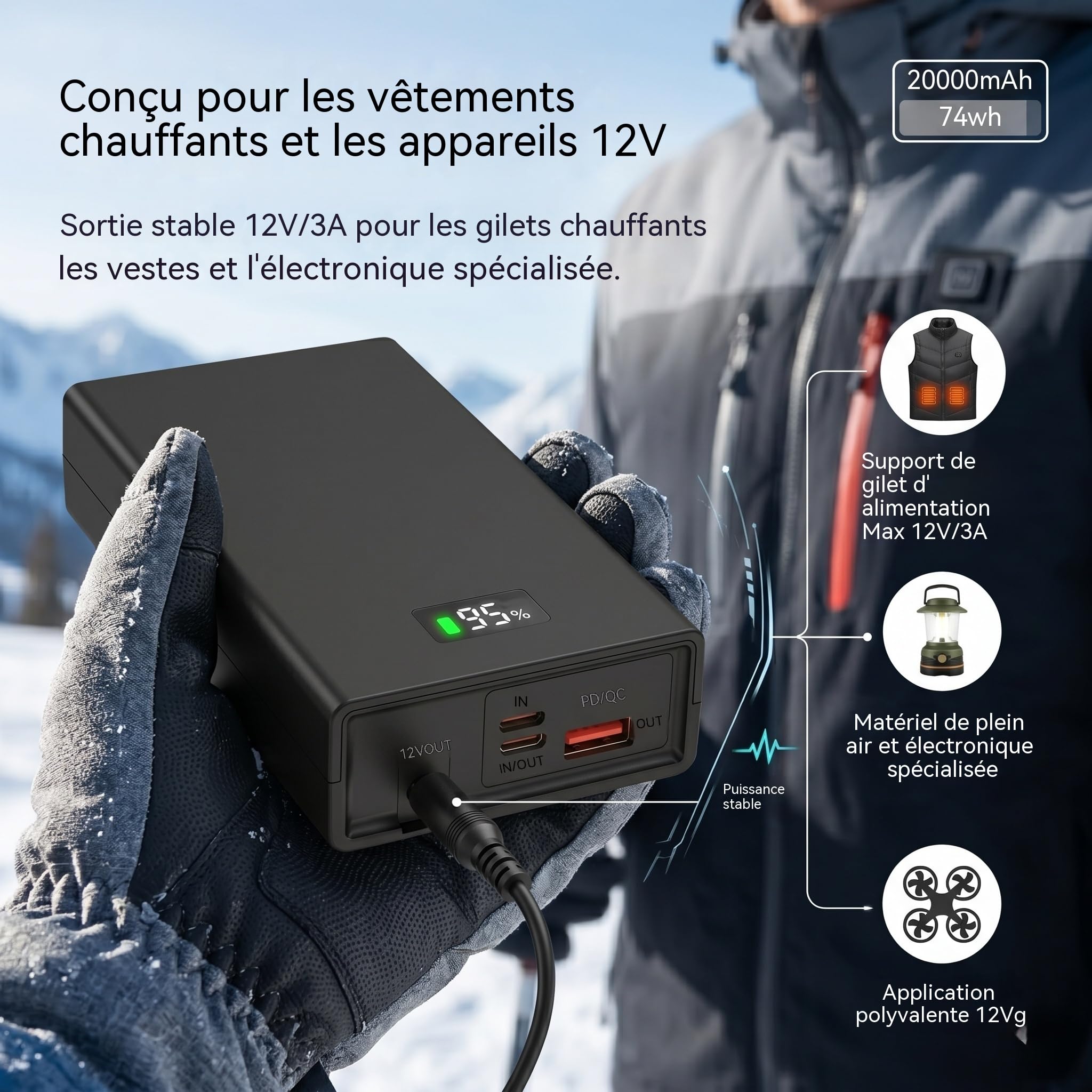 Batterie Externe 10000mAh Charge Rapide PD 30W & QC, Port de Sortie DC 12V/3A pour Vêtements Chauffants et PC Portables, Double Entrée, Power Bank pour iPhone, Samsung, Tablette, Routeur, Smartwatch