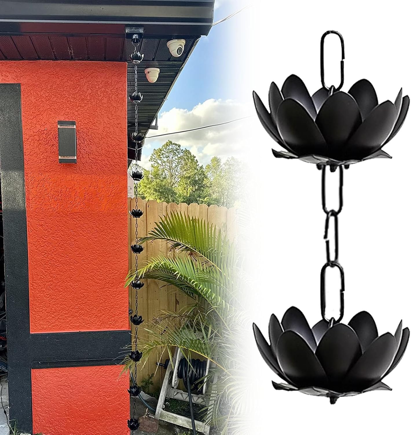 Gutter Rain Chain for Garden Patio Deck, Flower Cups Water Diverter Rain Chain Downspout, White/Black/Copper Colors Rain Chain Chime(Black,7.5m (24.6ft))