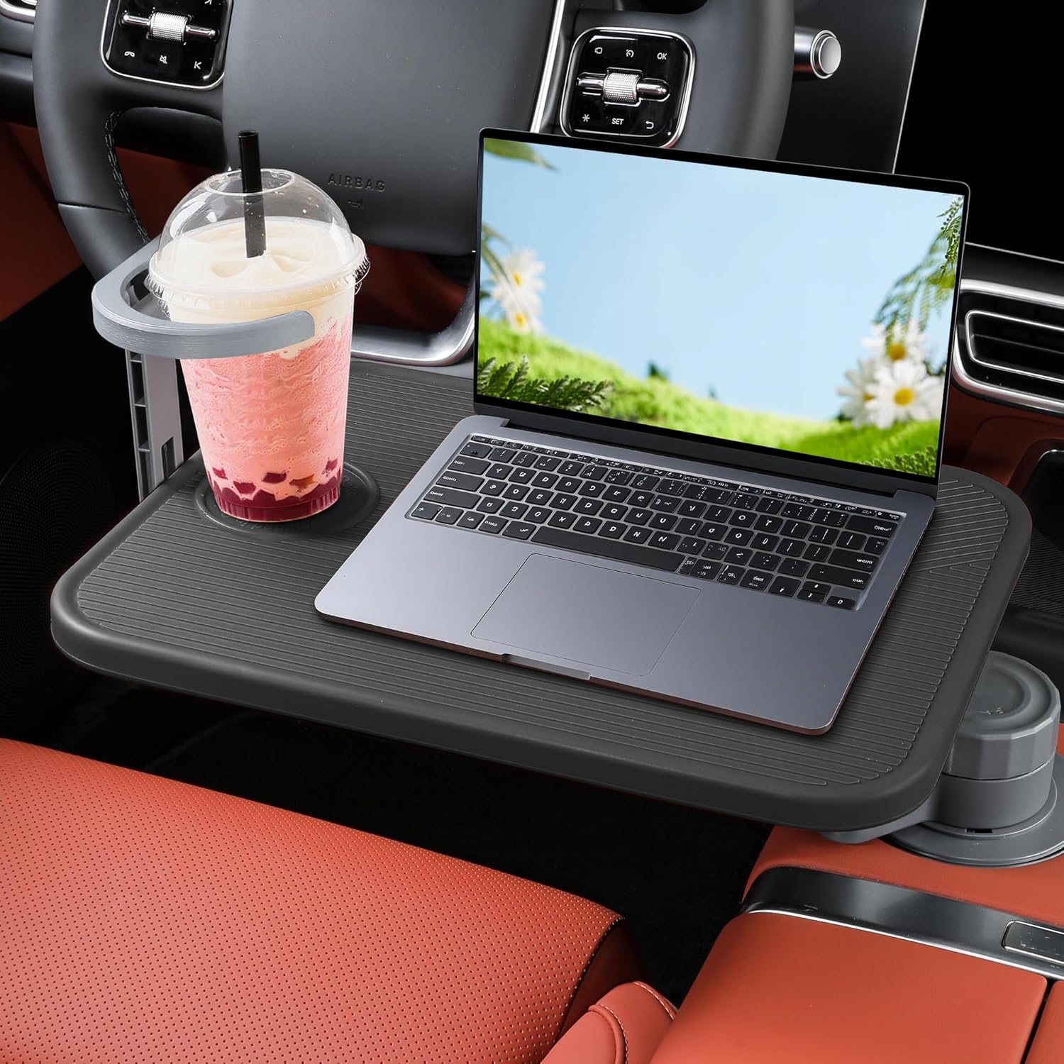 Car Tray & Car Desk for Laptop, 360° Rotating Wood Cup Holder Table,Aluminum Cantilever Laptop Mount for Vehicle,Steering Wheel Tray,Fits for Tesla Model Y/3/S,Camry Forester F150 Tundra&Most Vehicles