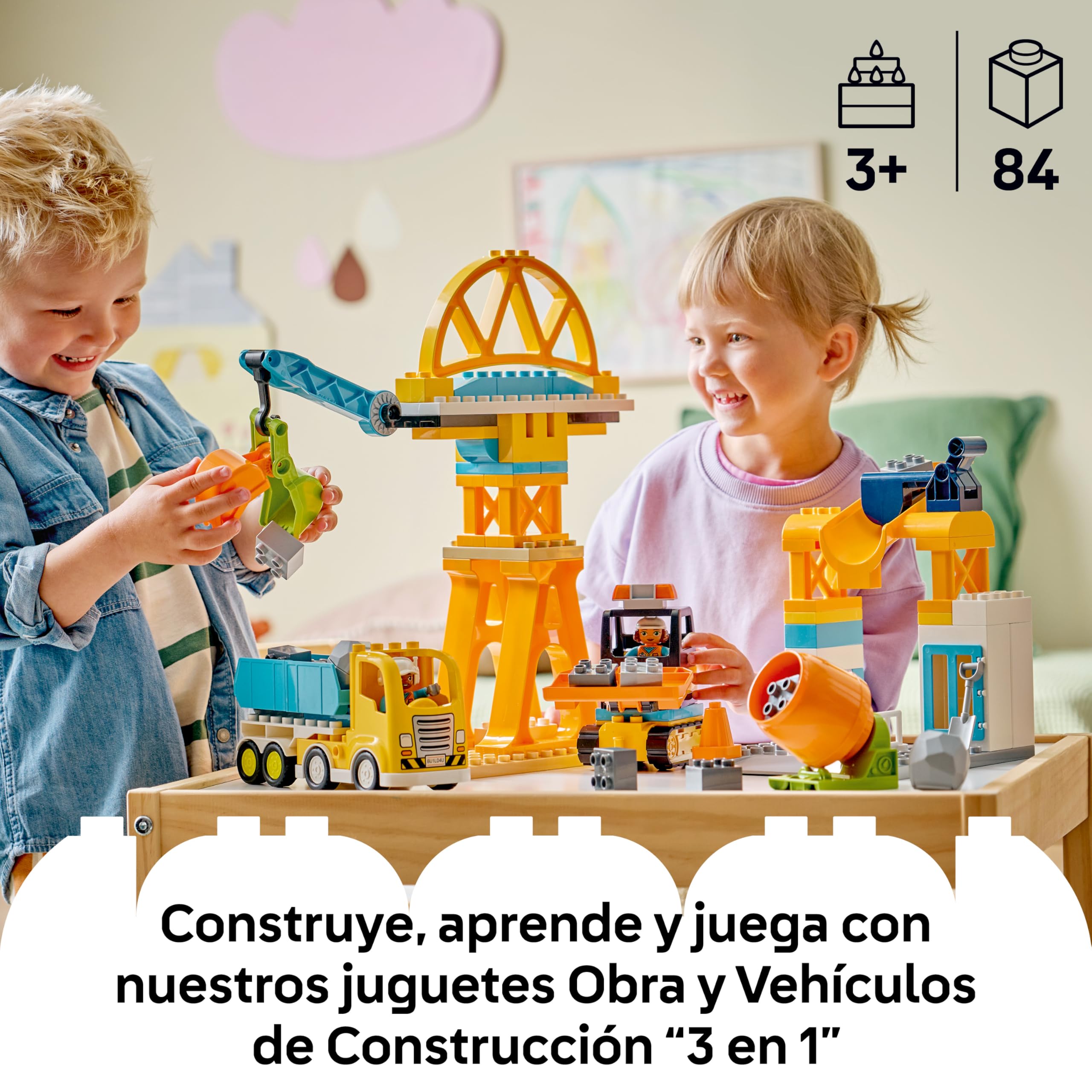 LEGO Duplo Obra y Vehículos de Construcción “3 en 1” - Juego Educativo para la Motricidad Fina - Camiones, Grúas, Excavadoras y Hormigoneras de Juguete - Regalo para Niños y Niñas de 3+ Años - 10476