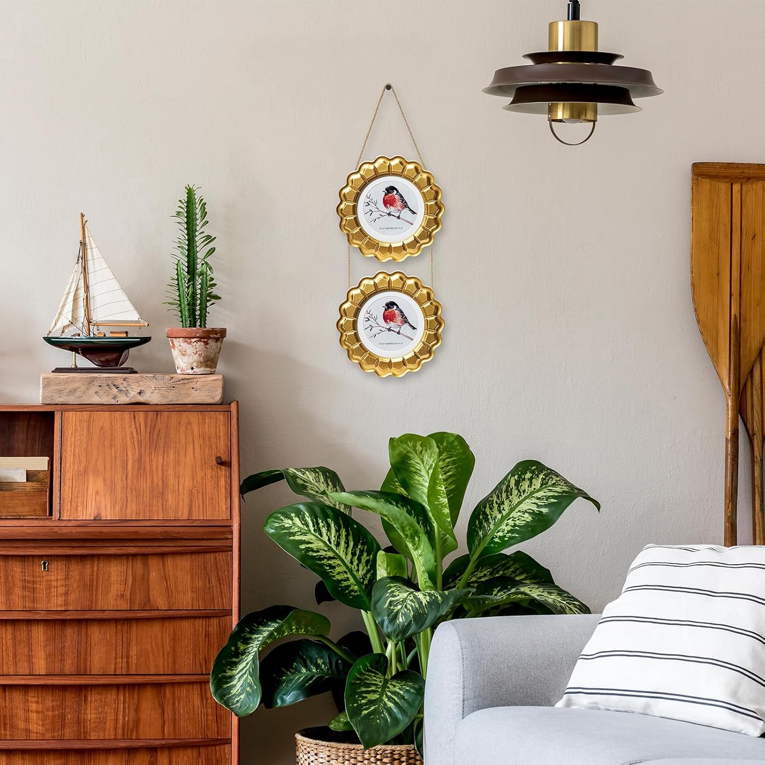 Double 5x5 Round Hanging Picture Frame Collage Wall Decor, Solid Wood with Real Glass, 2 Opening 5x5 Matted to 4x4, Gold