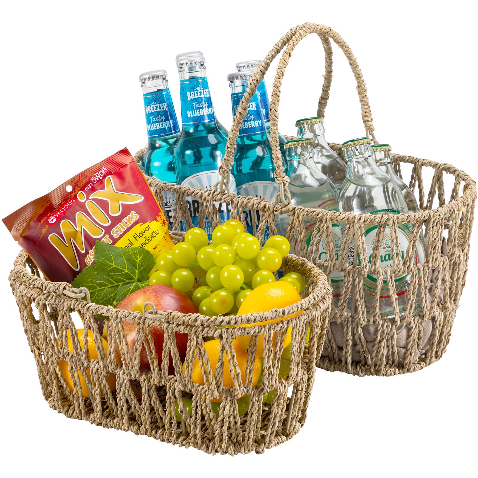 Edergoo Picnic Basket for 2 Pack, Natural Nesting Wicker Picnic Basket with Handle, Hand-Woven Seagrass Storage Basket for Camping & Outdoor Use