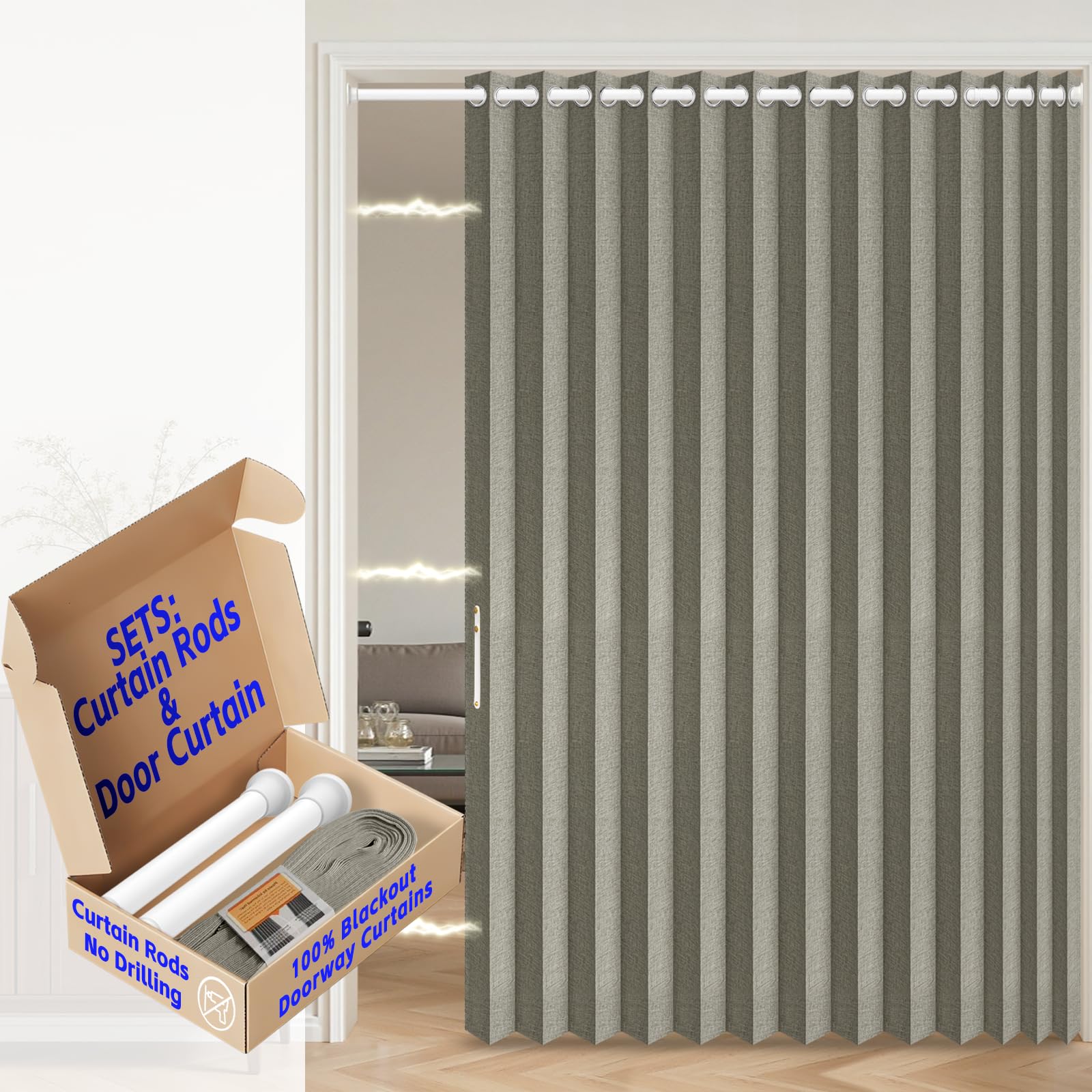 AJAZZ 100% Blackout Accordion Door Curtain Invisible Accordion Doors Interior for Bedroom Living Room Doorway Curtain Sets Included Rod, 1Pack, W75 x L80 Inch, Grey