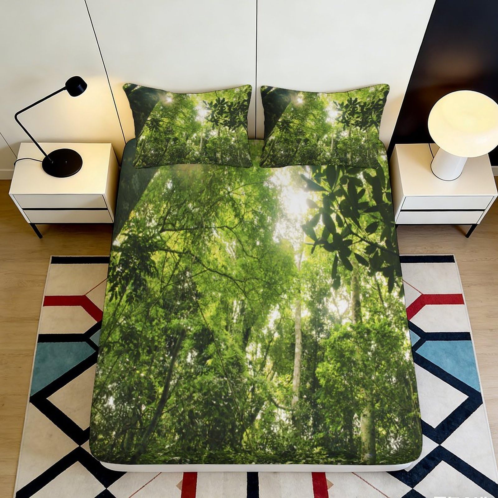 3D Printed Forest Theme Fitted Sheet Microfiber Deep Pocket Bedroom Bedding Forest Mattress Fitted Cover Washable Elastic Hem 140x200x25cm