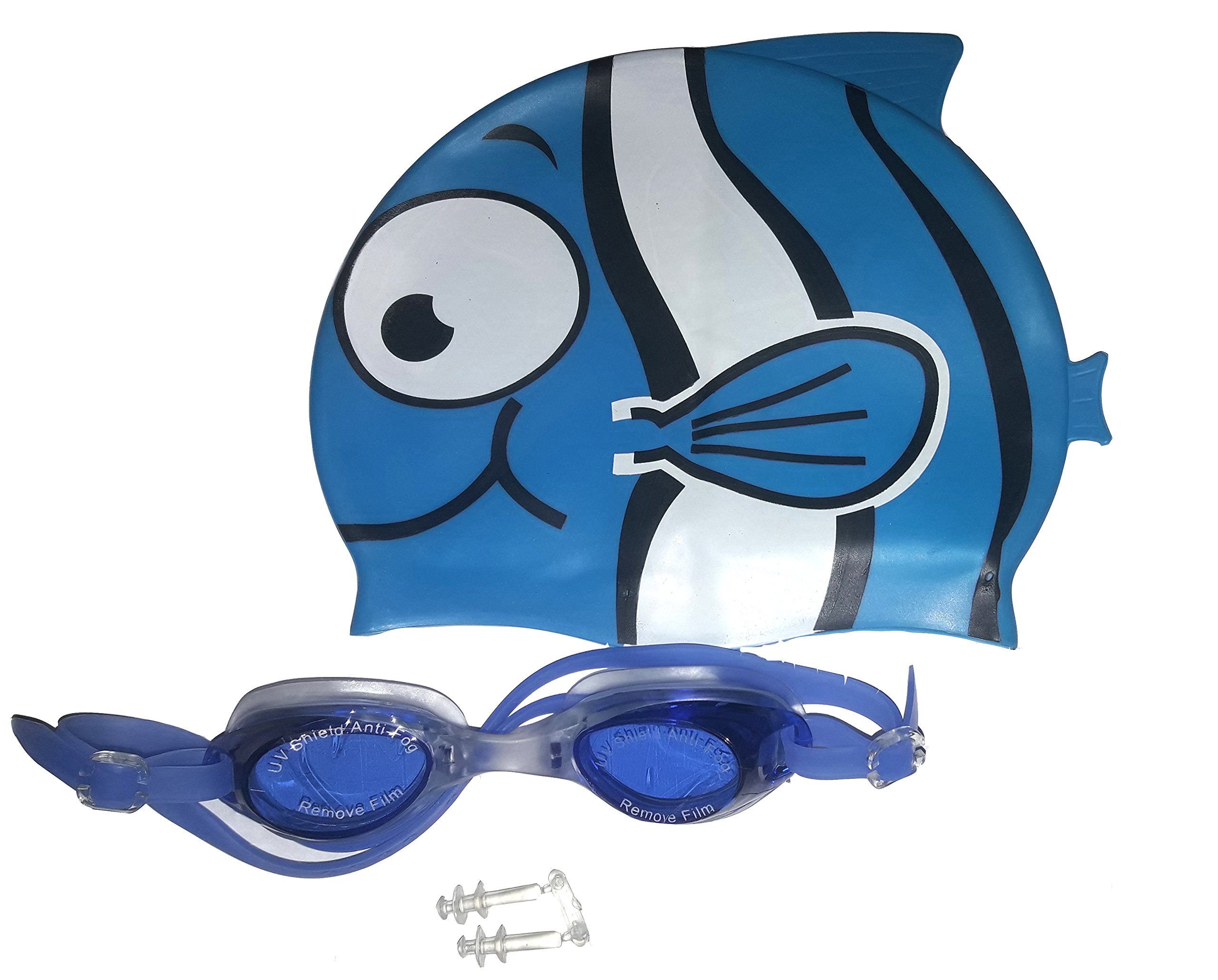 ME Swimming Goggles with Swim Cap plus & Ear Plug Silicone Materials Fish Design for Kids Blue Combo Pack