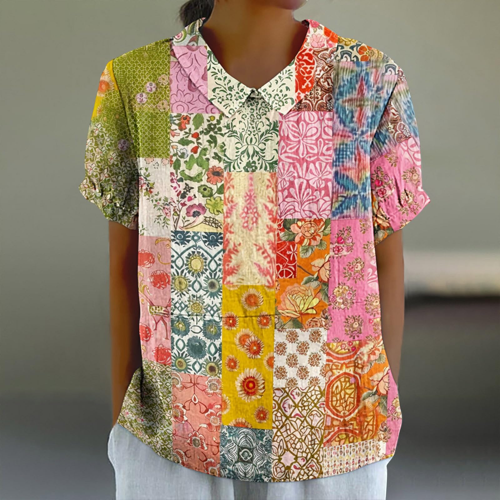 Tunique Femme Vintage Coton et Lin Blouse Imprimé Fleurs T-Shirt Col Claudine Chemisier Été Hauts à Manches Courtes Grande Taille Revers Chemise Léger et Respirant Blouse