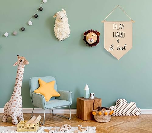 Miniatura 4 de Decoración para habitación de niños con texto en inglés "Play Hard and be Kind", banderín colgante de lona para pared, regalo para guardería,