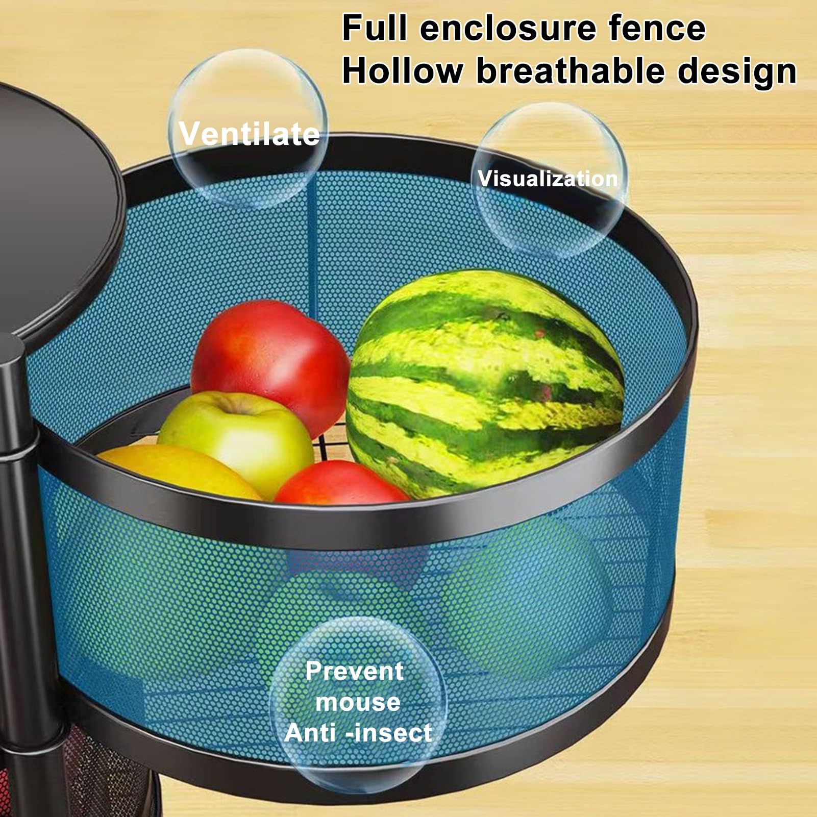 Cuencos de cesta de frutas y verduras para cocina, cesta giratoria circular de 5 niveles con ruedas, estante de alambre de metal para frutas y verduras, carrito de almacenamiento rodante de