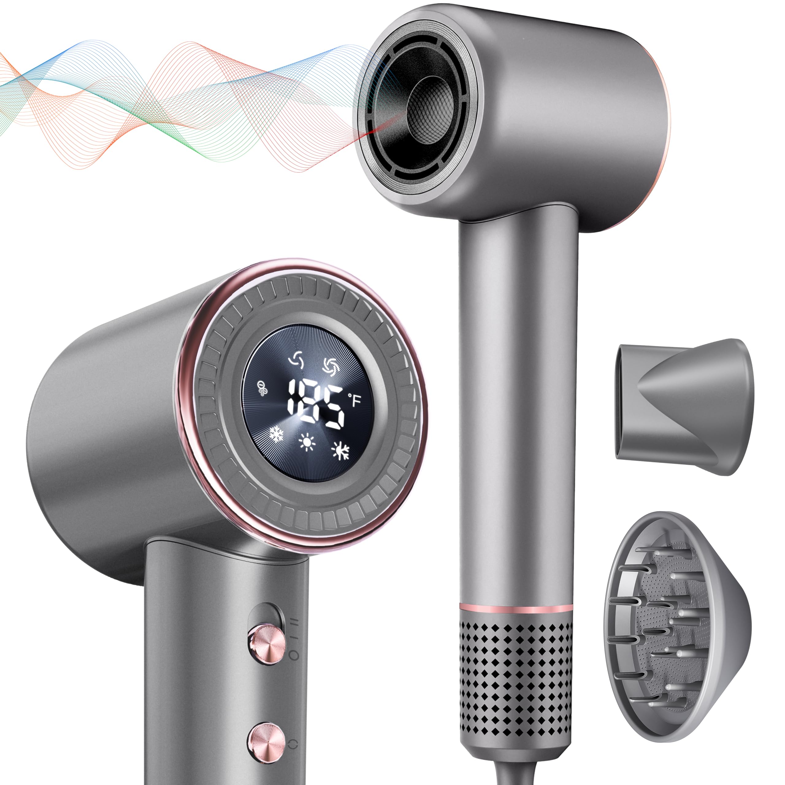 Rudd Hair Dryer with Diffuser, High Speed Hair Dryer with Display, 160000 RPM Brushless Motor for Fast Drying, 500 Million Negative Inoic Low Noise,