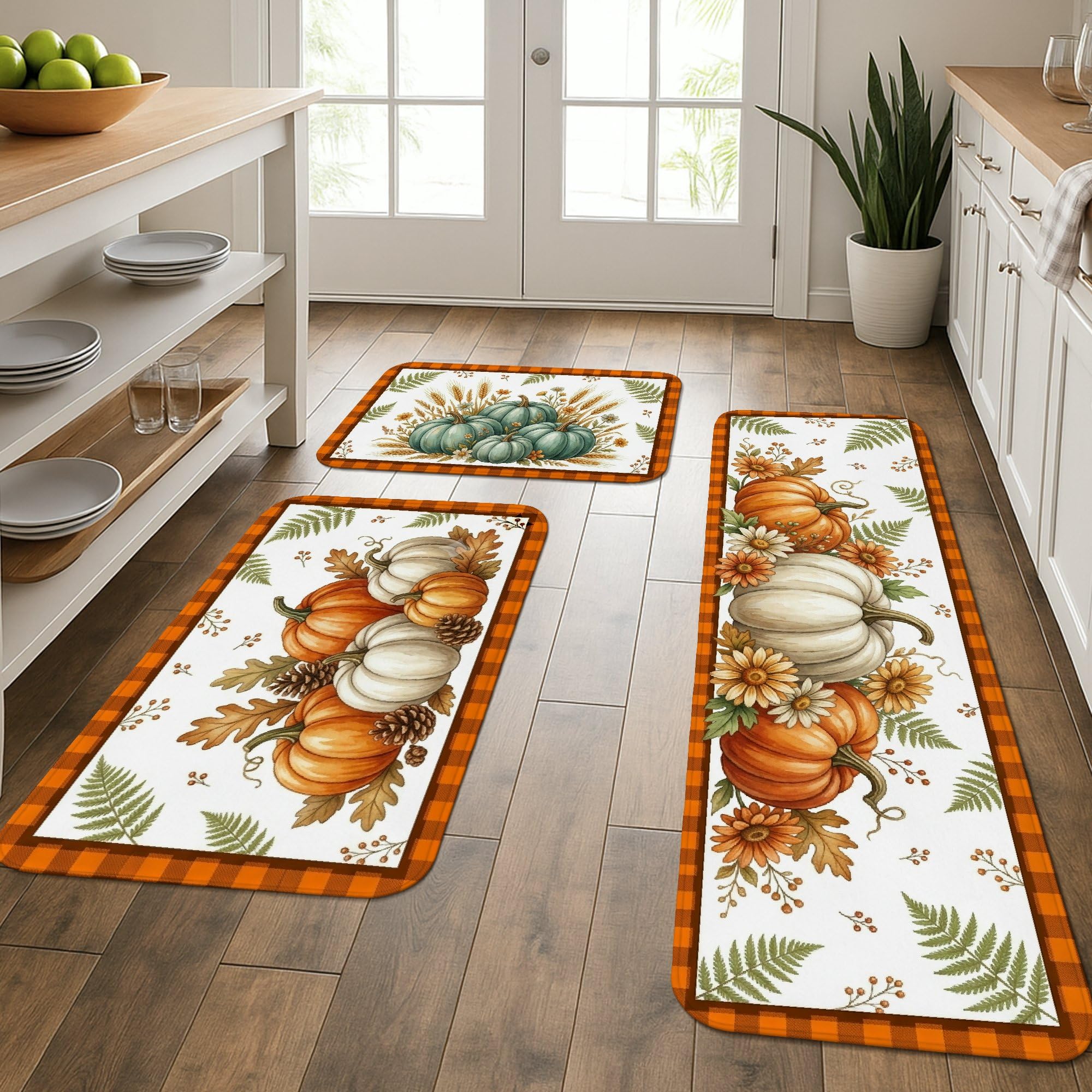 Tapis de cuisine motif citrouilles et fleurs rustiques orange automne lot de 3