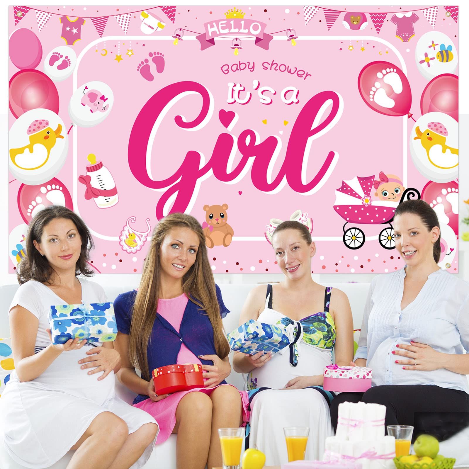 DPKOW It's A Girl Fabric Photo Backdrop Banner for Baby Shower Decoration