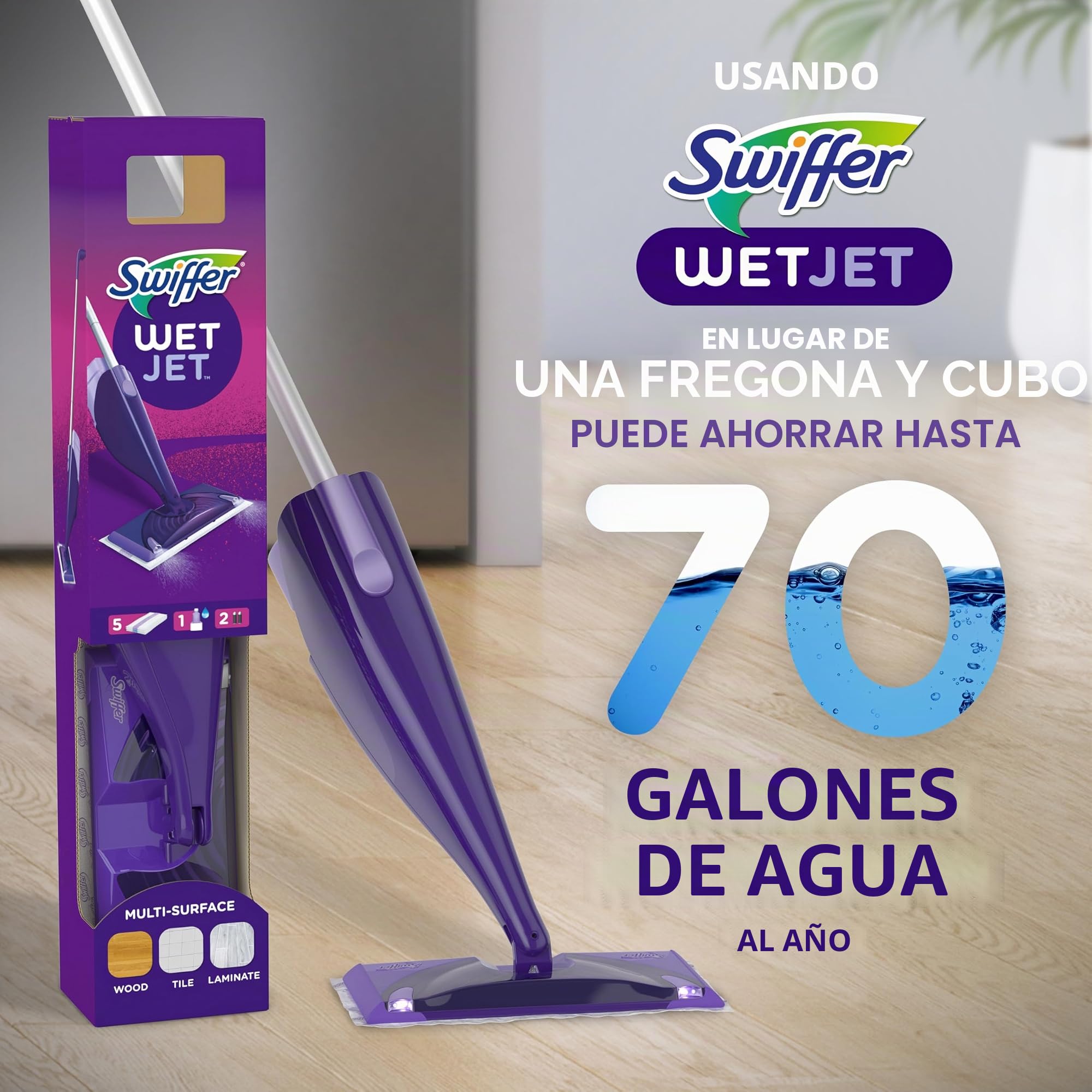 Swiffer WetJet - Kit de iniciación de Limpiador de mopa en Aerosol para Madera Dura y Pisos, Incluye: 1 mopa eléctrica, 10 Almohadillas, solución de Limpieza, baterías