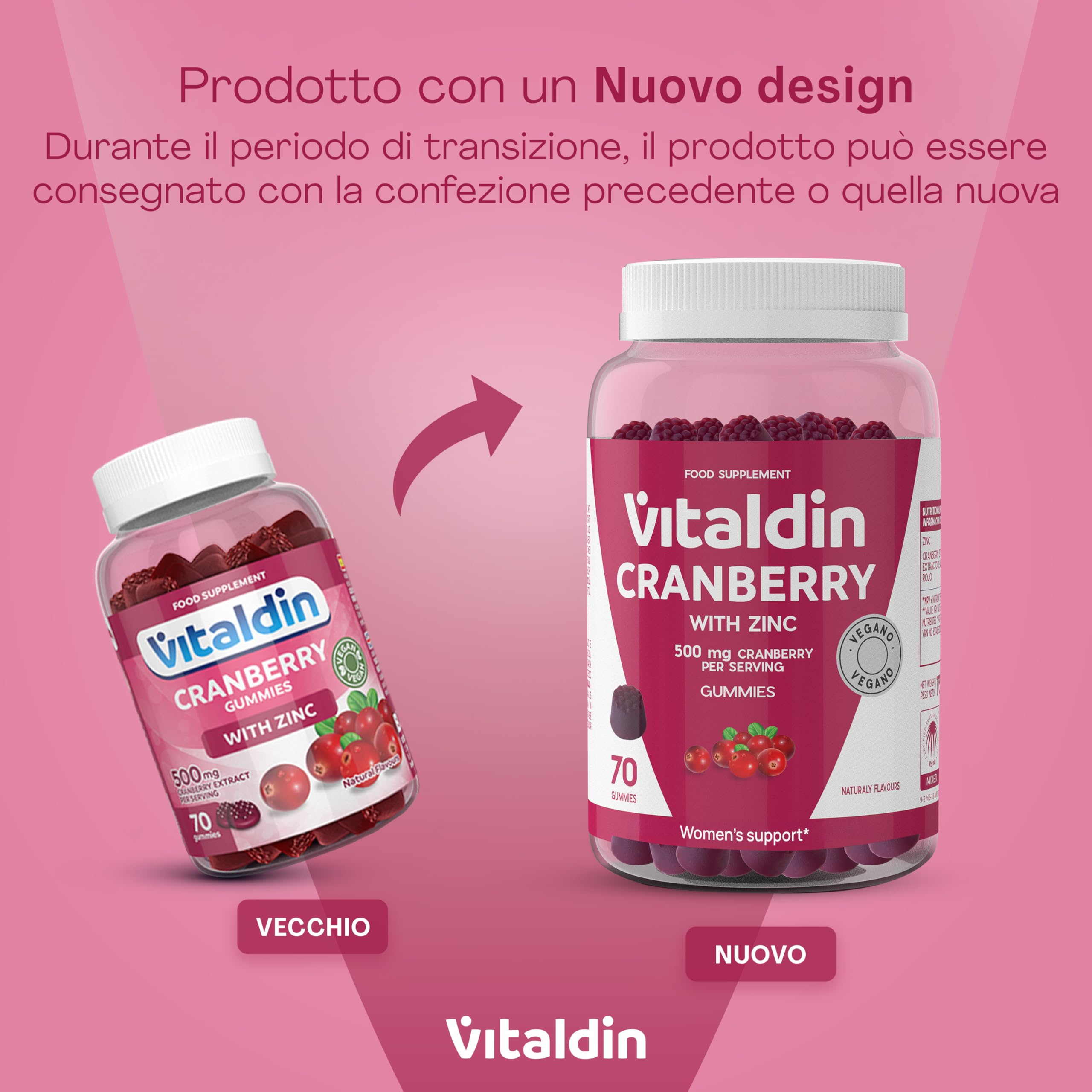 VITALDIN Cranberry Gummies – Integratore di 500 mg di estratto di Mirtillo Rosso + Zinco – 70 Caramelle Gommose, Gusto Mirtilli Rossi – Aiuto delle Vie Urinarie – Vegano