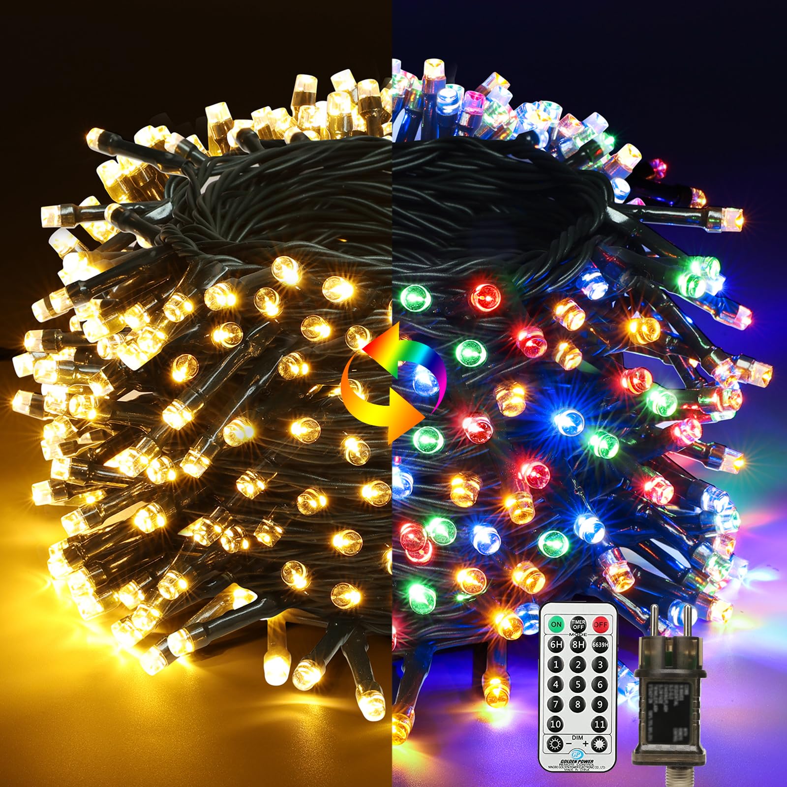 Qedertek Luci Albero di Natale,Catena Luminosa 20M 200 LED,Luci di Natale Esterno ed Interno,Cavo verde scuro,Luci Bianco Caldo & Colorate Addobbi Natalizi Esterno,Luci Natalizie da Esterno ed Interno