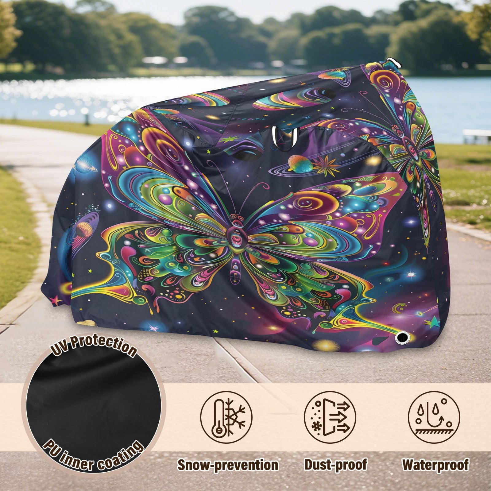Pokrowiec na rower, wodoodporny, outdoorowy, rowerowy, motorower, wytrzymały, wiatroszczelny, ochrona przed słońcem, do roweru górskiego, szosowego, psychodeliczny motyl