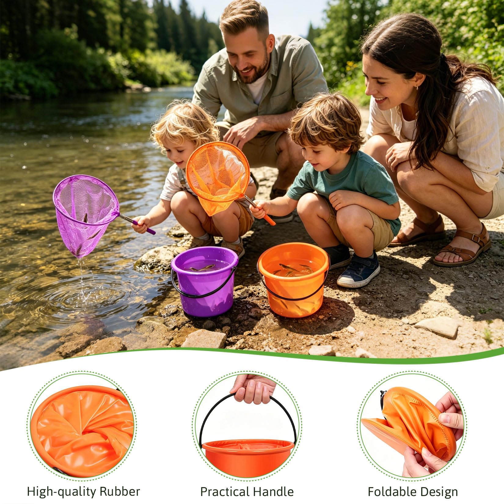 Herbst 10er XXL Kinder Kescher Set, 5 Stück Teleskop Kescher Kinder (37-85cm) mit 5 Faltbarer Eimer Robustes Fischernetz Kinder & Schmetterlingsnetz Kinder für Strand, Teich & Garten – Bunt