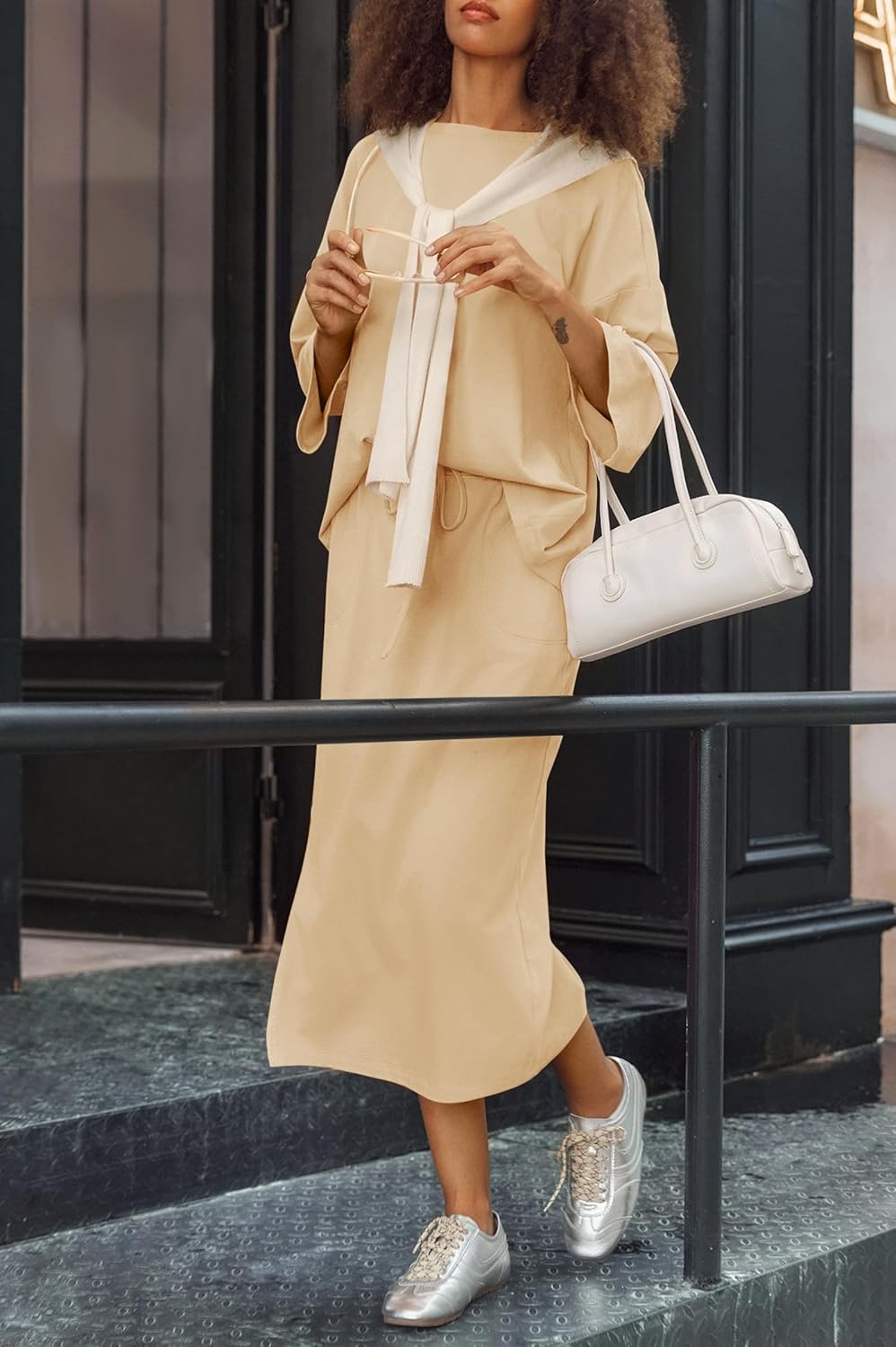 Tankaneo Womens 2 Piece Skirt Sets Oversized 3/4 Sleeve Top and Maxi Skirt Fall Matching Outfits Travel Vacation Set - Image 5