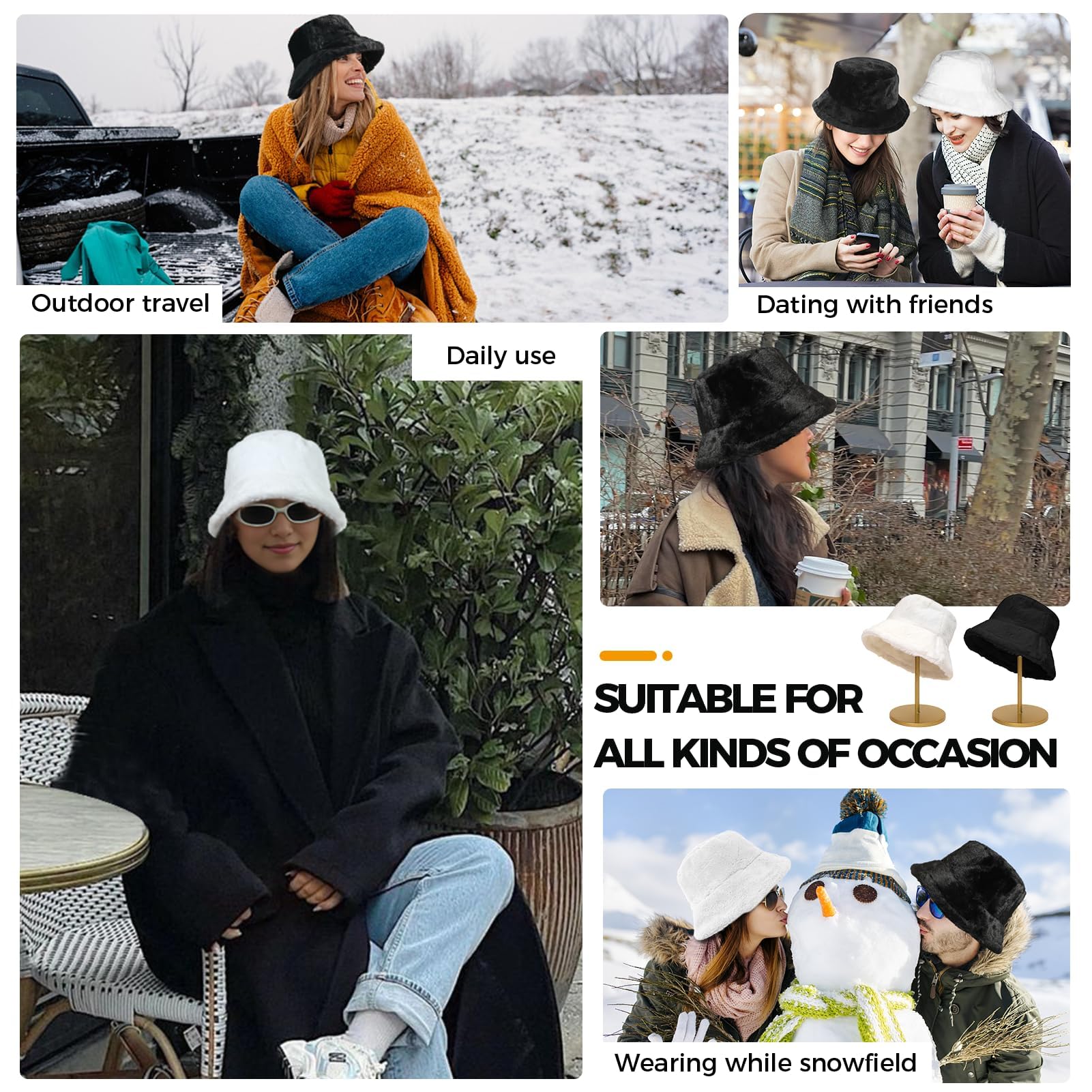 BFONS Faux Fur Winter Bucket Hat for Women Men Fuzzy Warm Hat Women's Furry Fisherman Cap for Casual, Trips, Sports, Skiing
