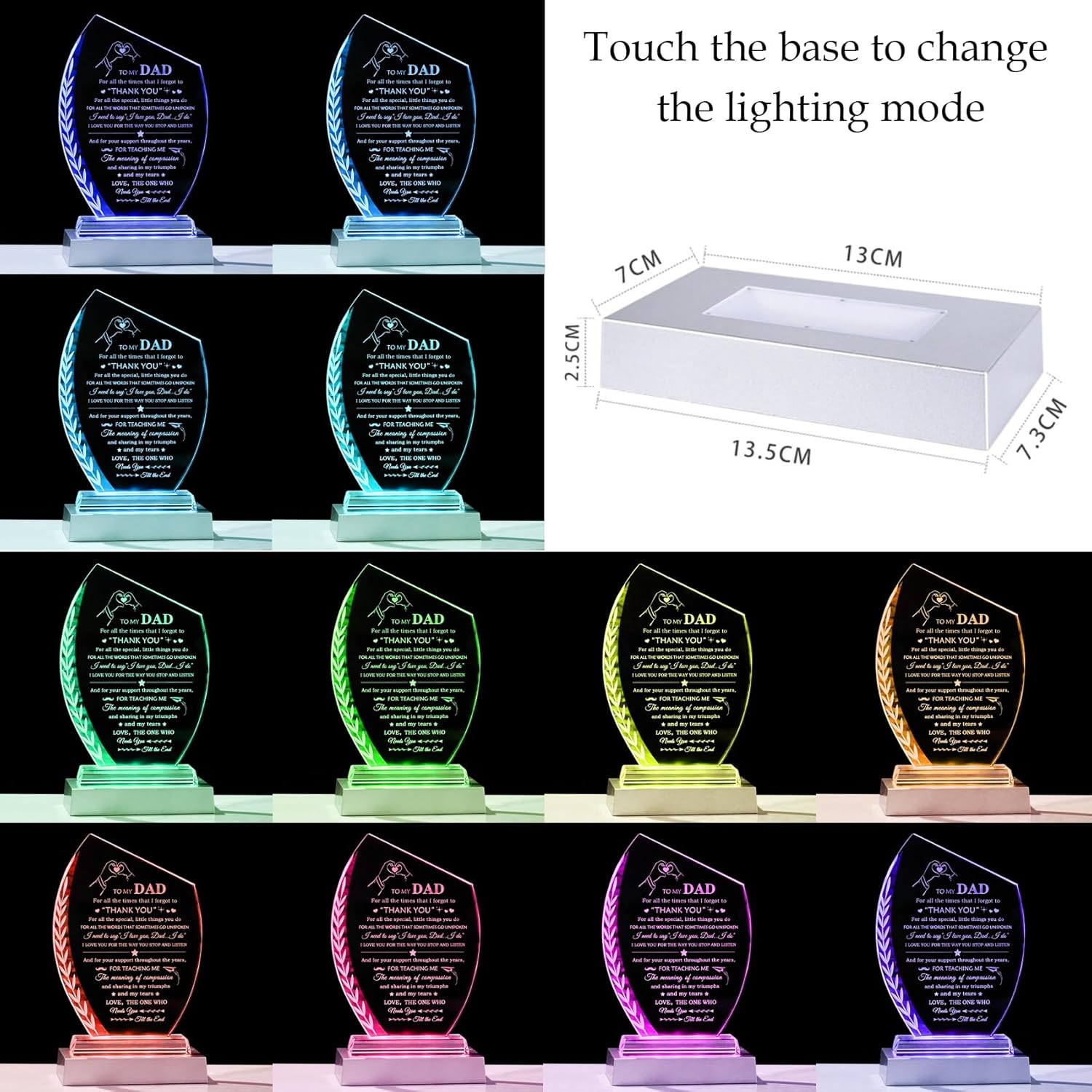 Best Birthday Gifts for Dad from Daughter Son Unique Glass Plaque with Colorful Led Base, To My Dad Meaningful Present for Christmas Thanksgiving Valentines Day Fathers Day