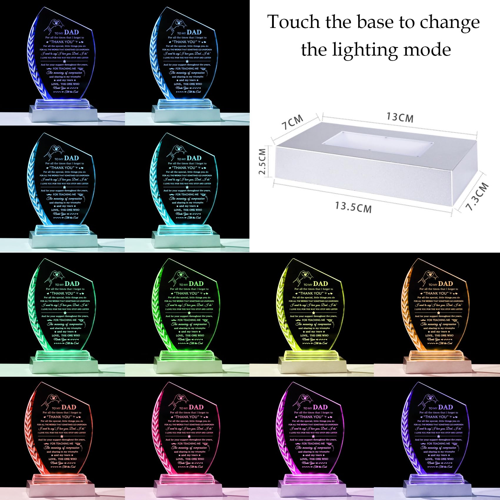Movdyka - Targa in vetro per la festa del papà, regalo di compleanno per papà da figlia e figlio, unica con base a LED colorata, regalo significativo per Natale, Ringraziamento, San Valentino