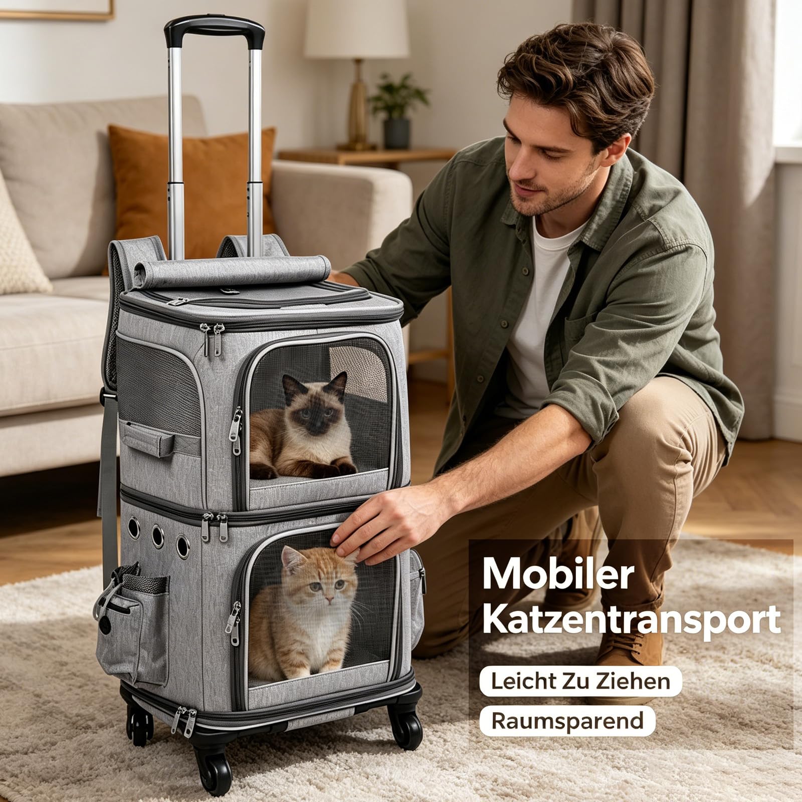 Katzenrucksack Große Katzen, Transportbox Katze für 2 Katzen bis 12kg, Katzentransportbox mit Abnehmbare Rollen, Hunderucksack für Wandern, Reisen, Grau