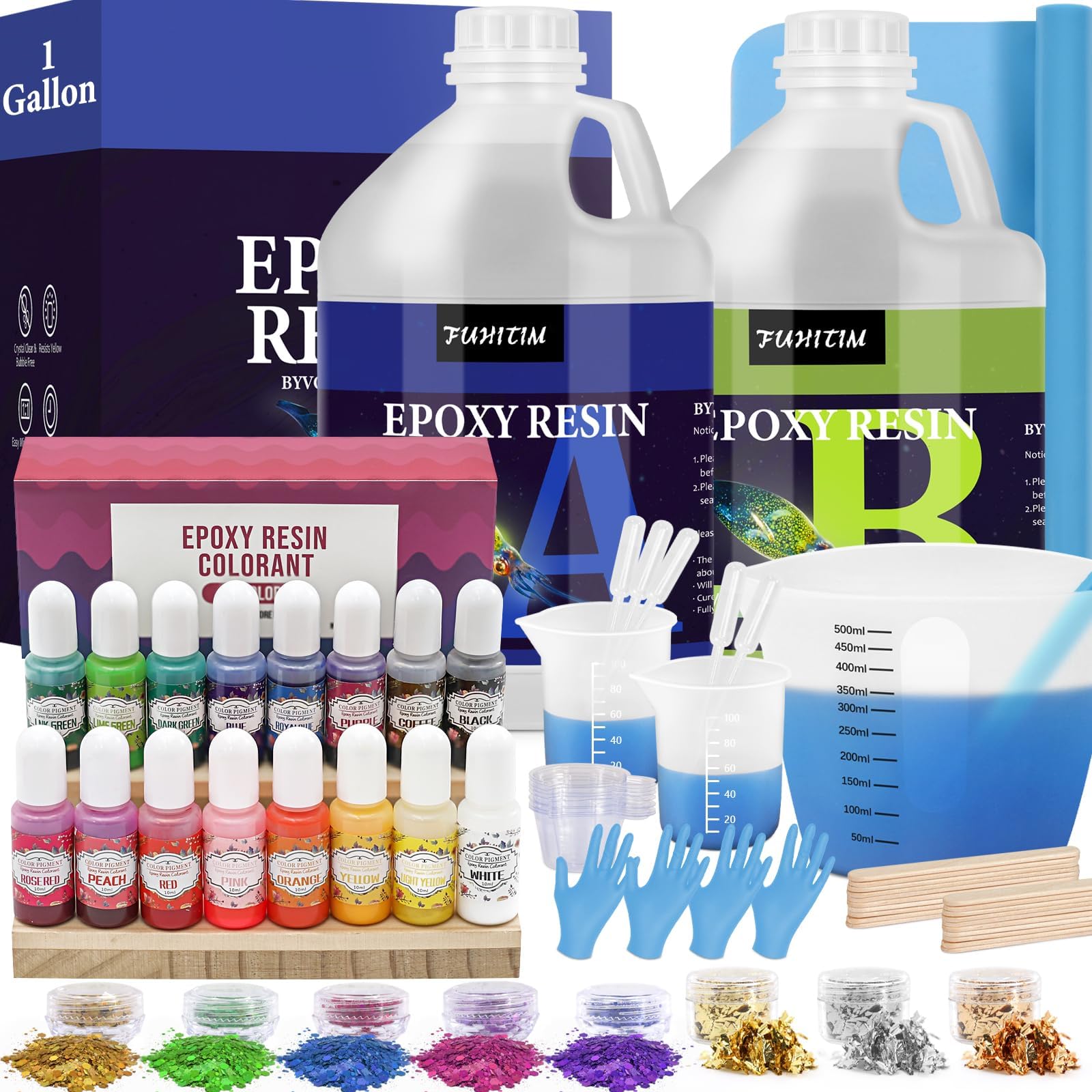 1 Gallon Crystal Clear Epoxy Resin Kit, High-Glossy&amp; No Bubbles, Art &amp; Casting Resin with 16 Epoxy Resin Pigment, Foil Flakes, Sequin,Craft Clear Resin for Art Crafts, Jewelry, Molds