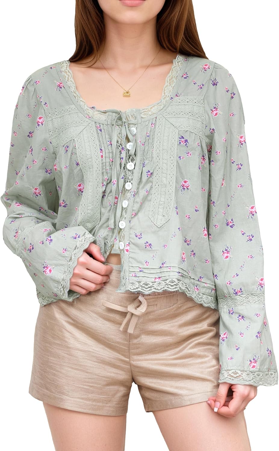 Womens Boho Lace Shirts Long Sleeve Button Up Chiffon Cardigan Tie Front Flowy Beach Vacation Bohemian Y2k Clothes