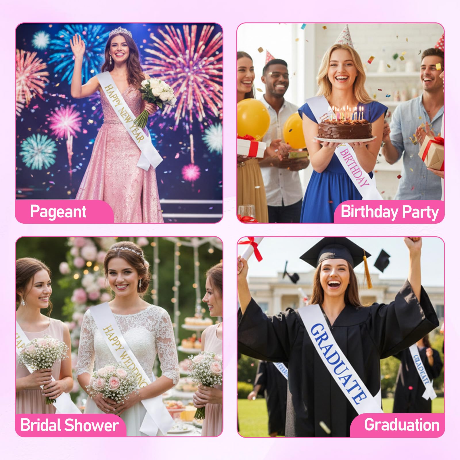 Thinp 6 bandas de Navidad blancas para fiesta de graduación Queen, fajas de satén, bandas de satén, bandas blancas de satén, sin impresión, accesorios de fiesta para bodas, cumpleaños, despedidas de