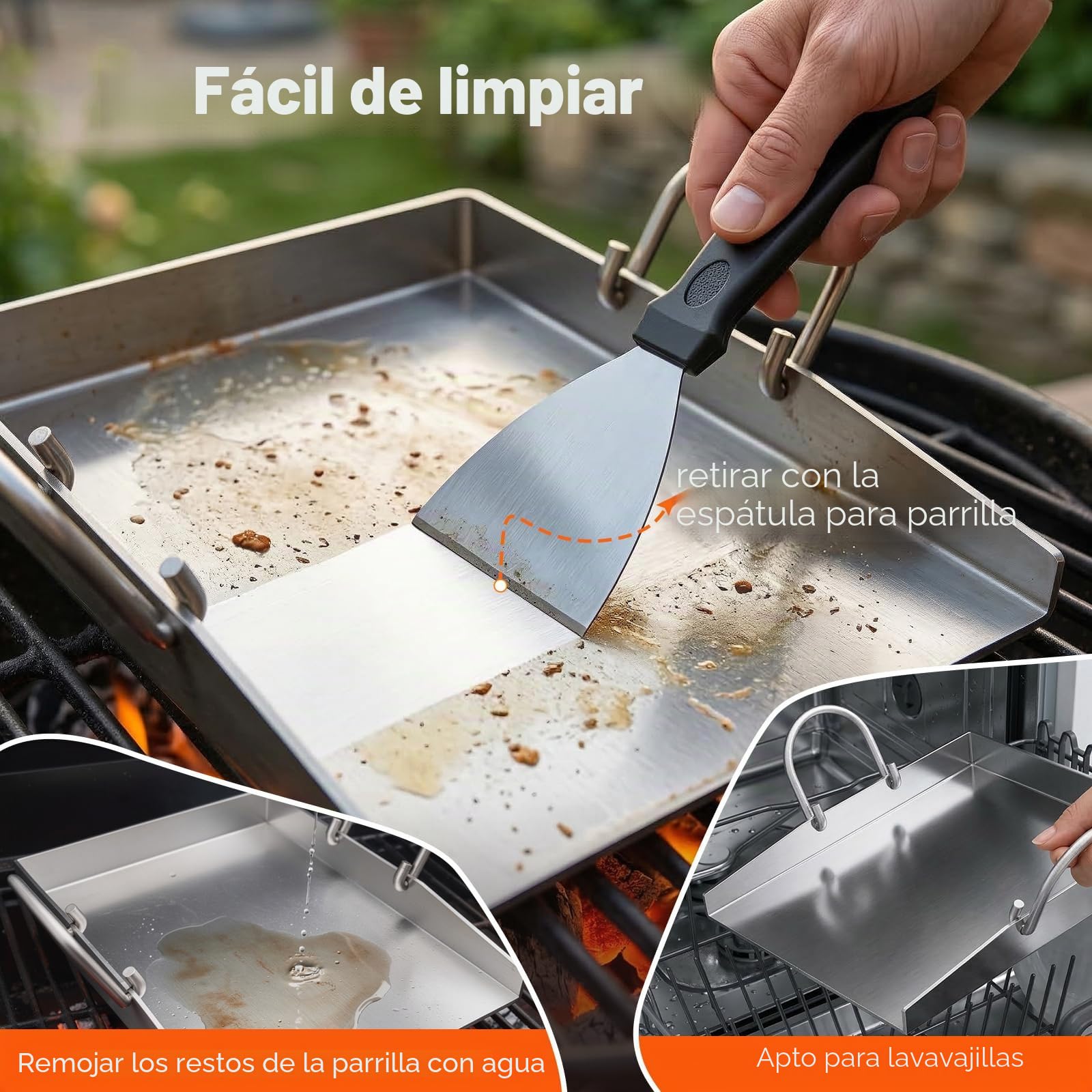 plancha para barbacoa de 40 x 30 cm con perforación, plancha acero inoxidable de 4 mm de grosor, Incluye espátula para barbacoa y mango resistente al calor y no se deforma