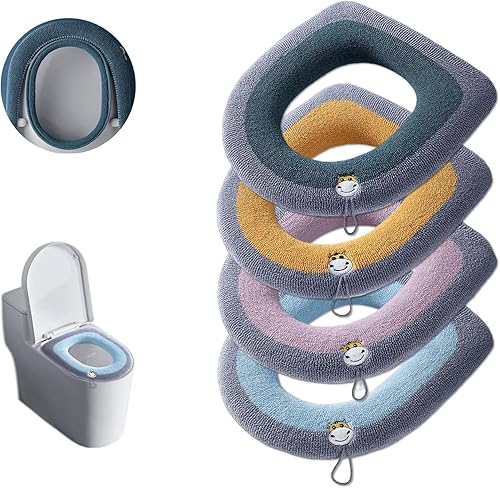 Funda universal para asiento de inodoro, calentador de asiento de inodoro, paquete de 4 colores, cojín grueso de asiento de inodoro con bloqueo de