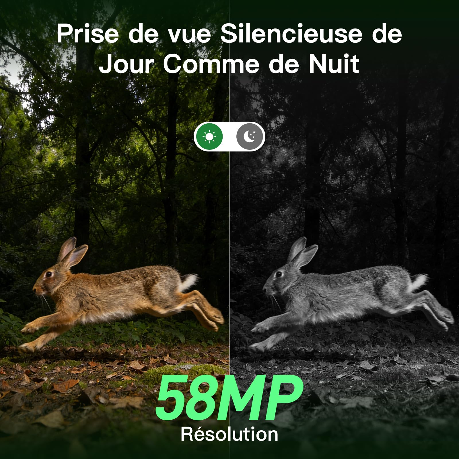 HAZA Caméra de Chasse,2,7K Caméra Chasse 58MP Vision Nocturne détecteur de Mouvement,No Glow Invisible Moniteur d'observation avec Carte SD 32 Go,Temps de Déclenchement 0,1 s (Vert)
