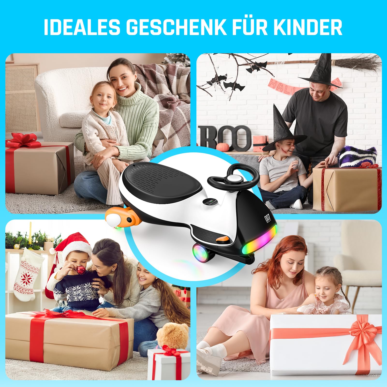 FanttikRide N7 Ultra Elektrisches Wackelauto mit wiederaufladbarem Typ-C-Akku, Ultraleise, 2 Geschwindigkeiten bis maximal 6 km/h, 9 Farbmodi, Digitalanzeige, für Kinder ab 3 Jahren, Pinguin Schwarz