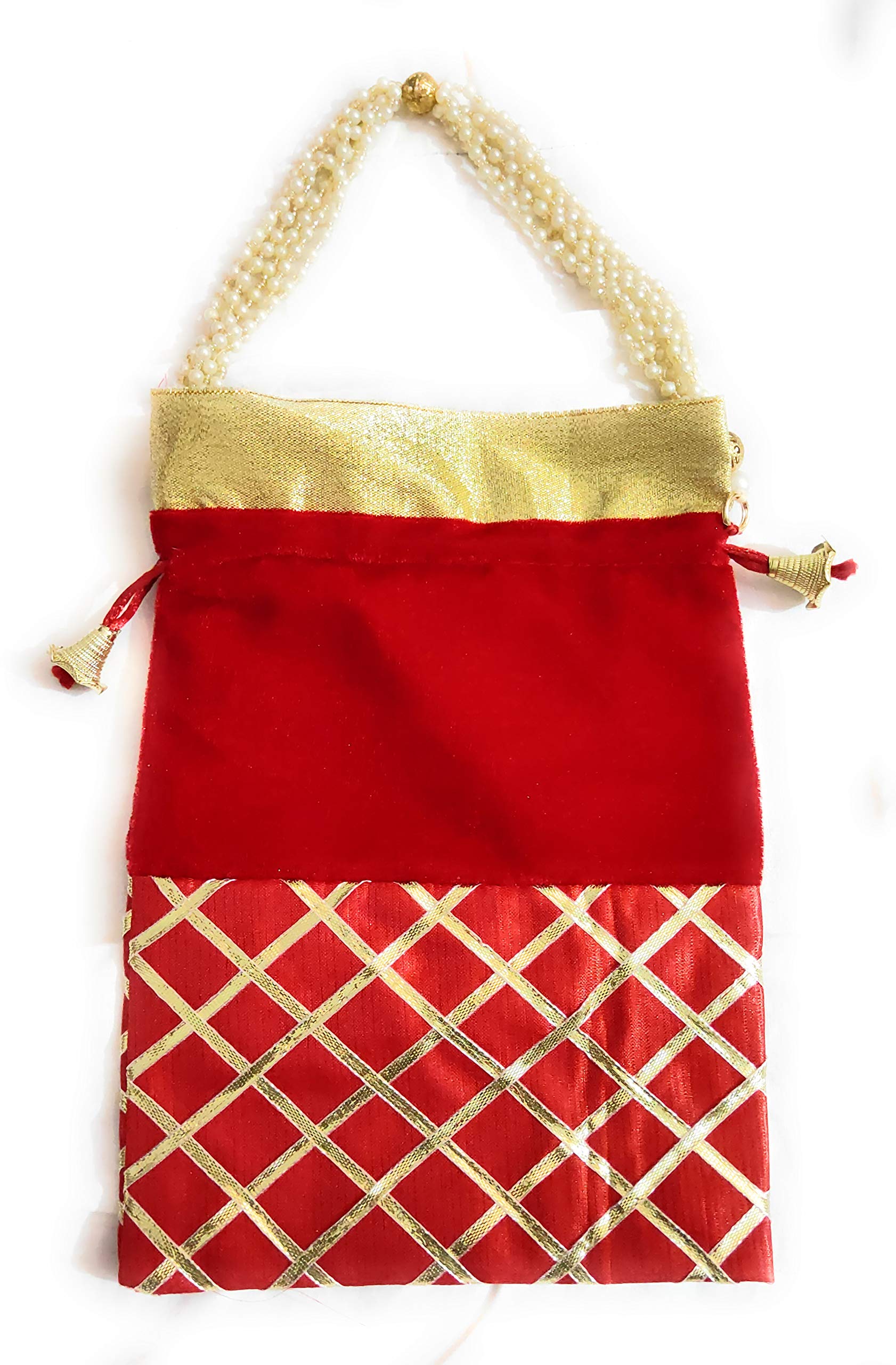 Indian Collectible - Juego de 6 bolsas de tela de seda y terciopelo para mujer, con asa de perla, para bodas, compromisos y festivales, Multi