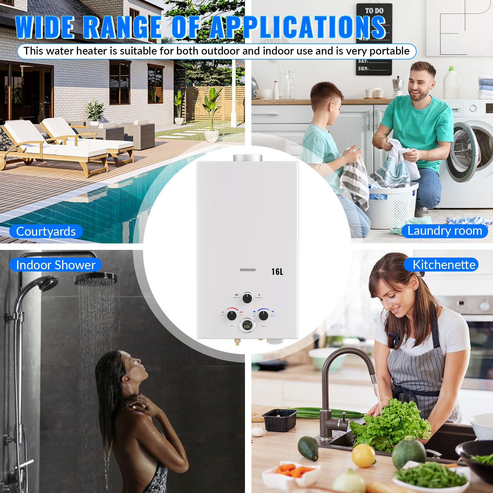 Calentador de Agua a Gas, 16L Calentador de Agua LPG Instantáneo, Calentador de Agua Sin Tanque Con Pantalla LED, Para Duchas al Aire Libre [Clase de eficiencia energética A]