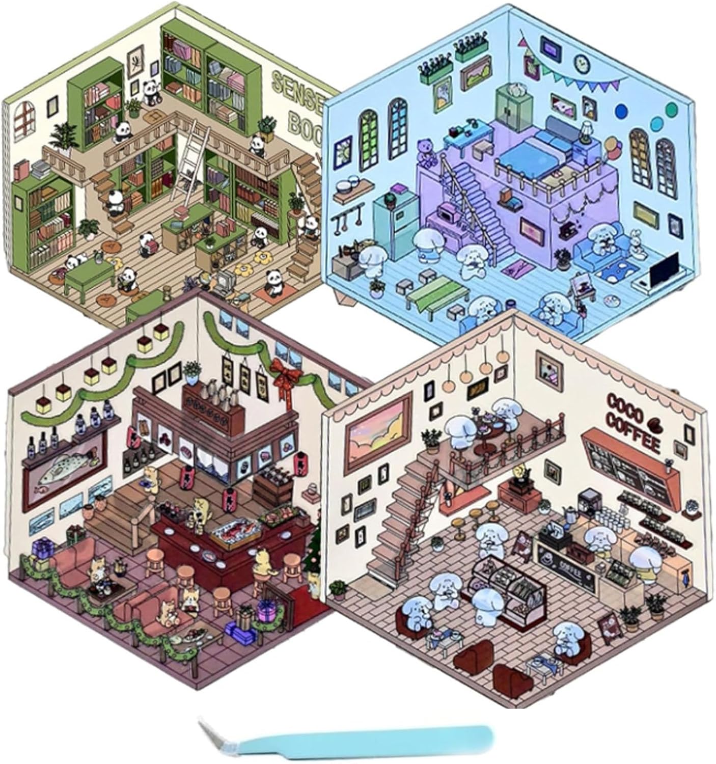 Isometric Stickers, Room Sticker Book, 4 Sets DIY 3D House