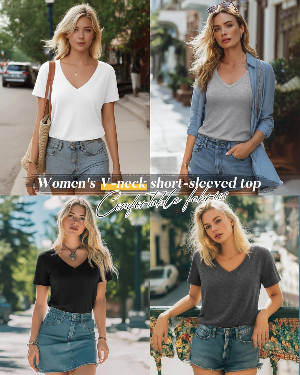 Neer 4 Pack Women's V Neck T-Shirts Short Sleeve Summer Casual Tops Loose Fit Flat Hem Plain Basic Tees - Image 2