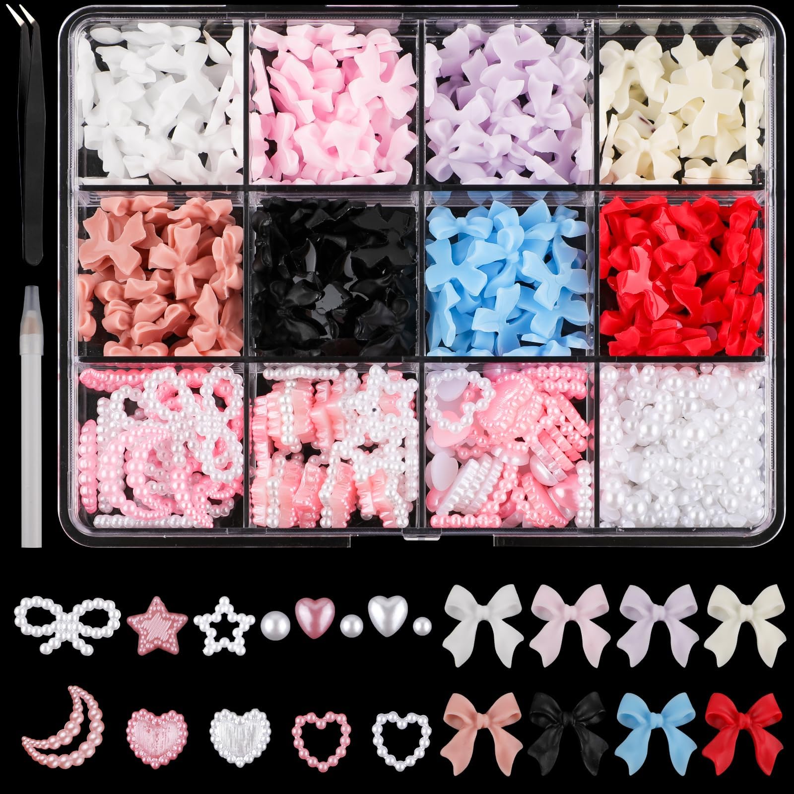 500pcs Nail Charms, Assorted Color Multi Shapes Mix Bow 3D Nail Charms Cute Pearl Heart Star Moon Bowknot Rhinestones Gems Nail Decorations with Pickup Tool for Women Girls Nail DIY Accessories