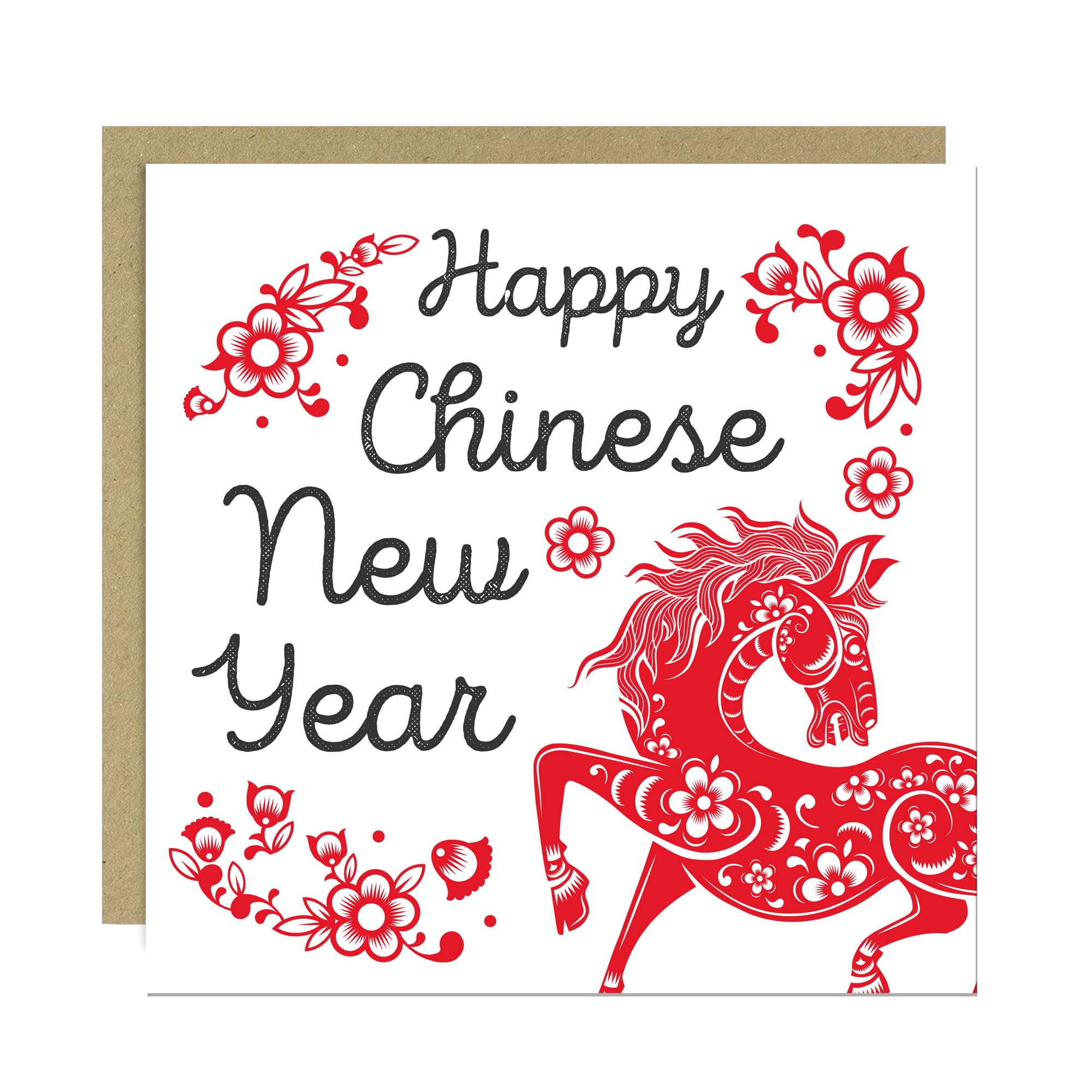 RED OCEAN Happy 2026 Chinese New Year Card For Him Her The Year of The Horse Card For Friends and Family Luna New Years Cards 145x145mm With Kraft Envelope