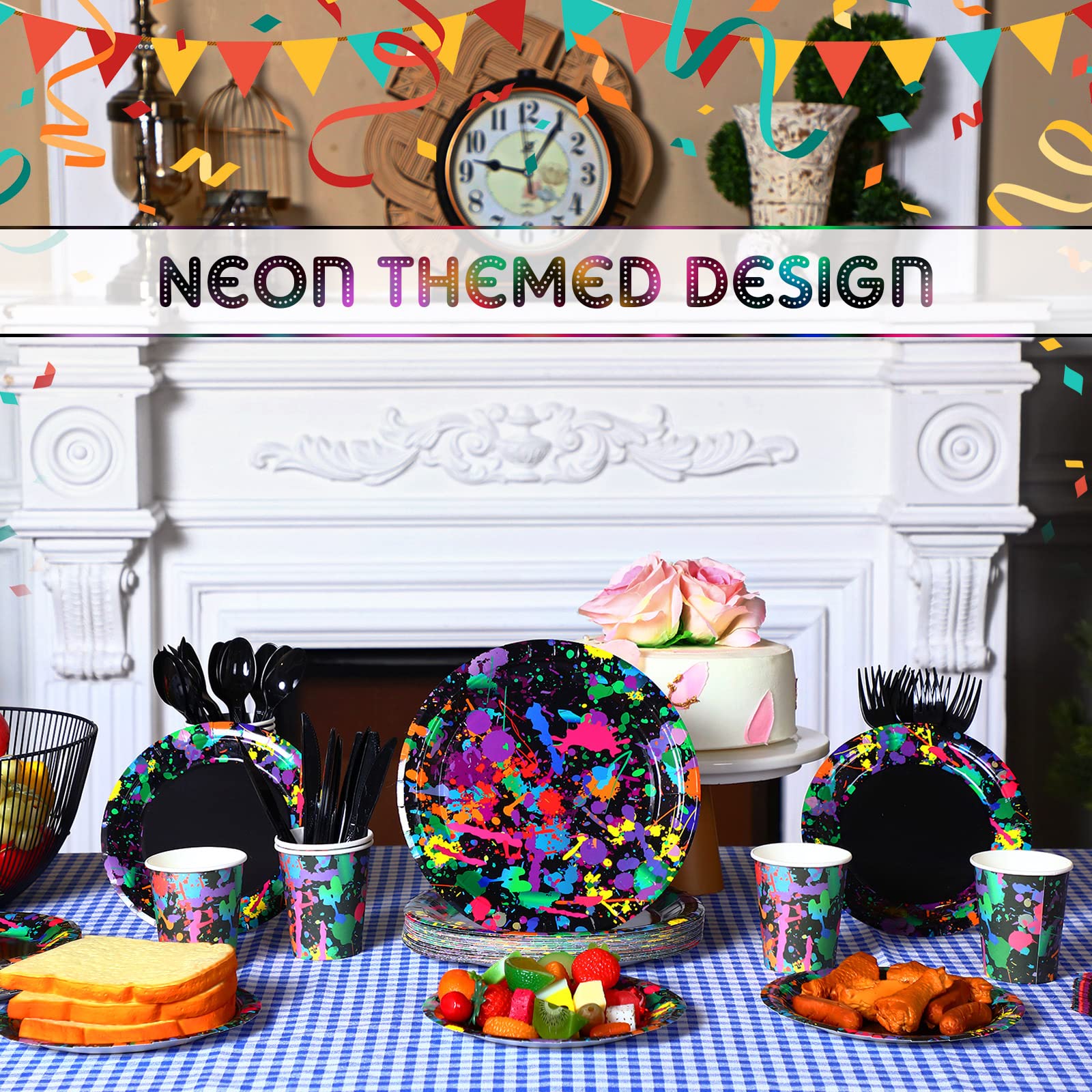 Baderke 252 Pcs Glow Party Supplies Neon Tableware Set Including 9 inches Paper Plates 6 Napkins Cups Knives Forks Spoons Graffiti Decoration for Birthday Decor, 36 Guests