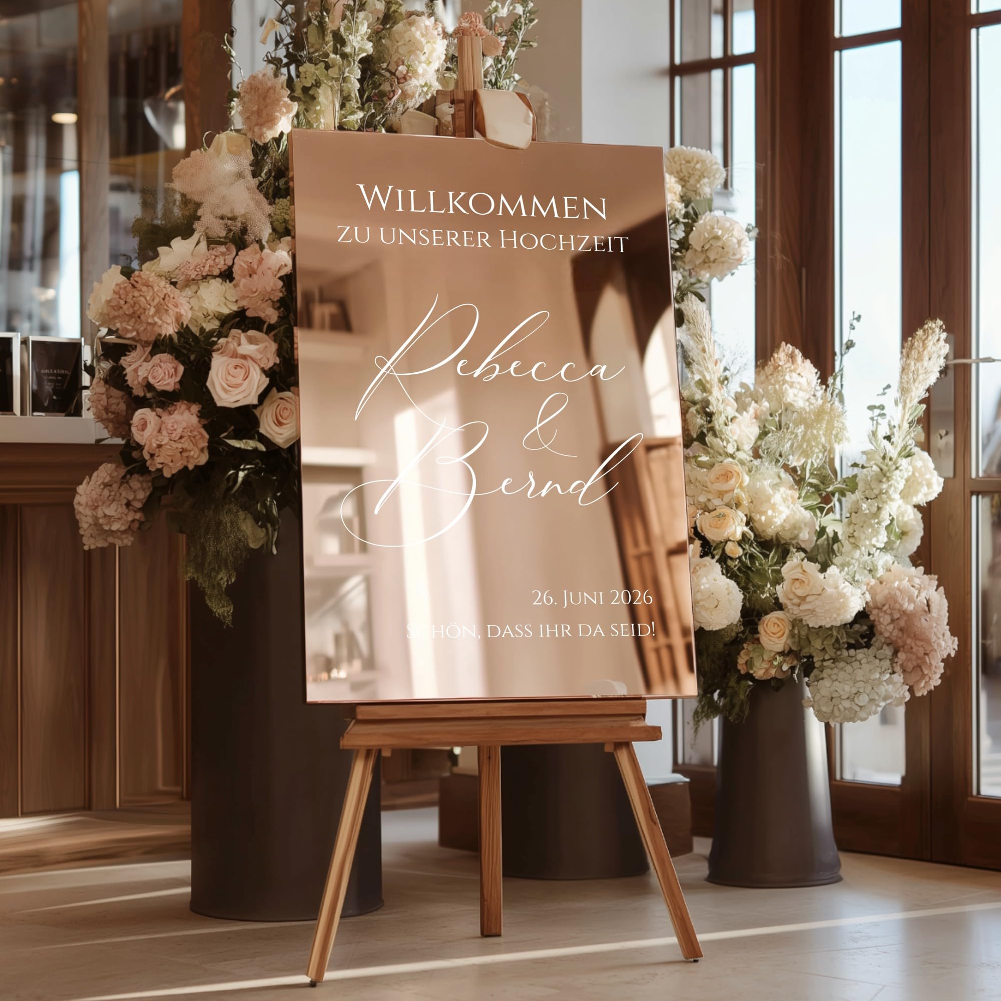 Willkommensschild Hochzeit personalisiert Acrylglas Spiegel Gold Hochglanz – elegante Deko für Empfang, Party & Events – Made in Germany