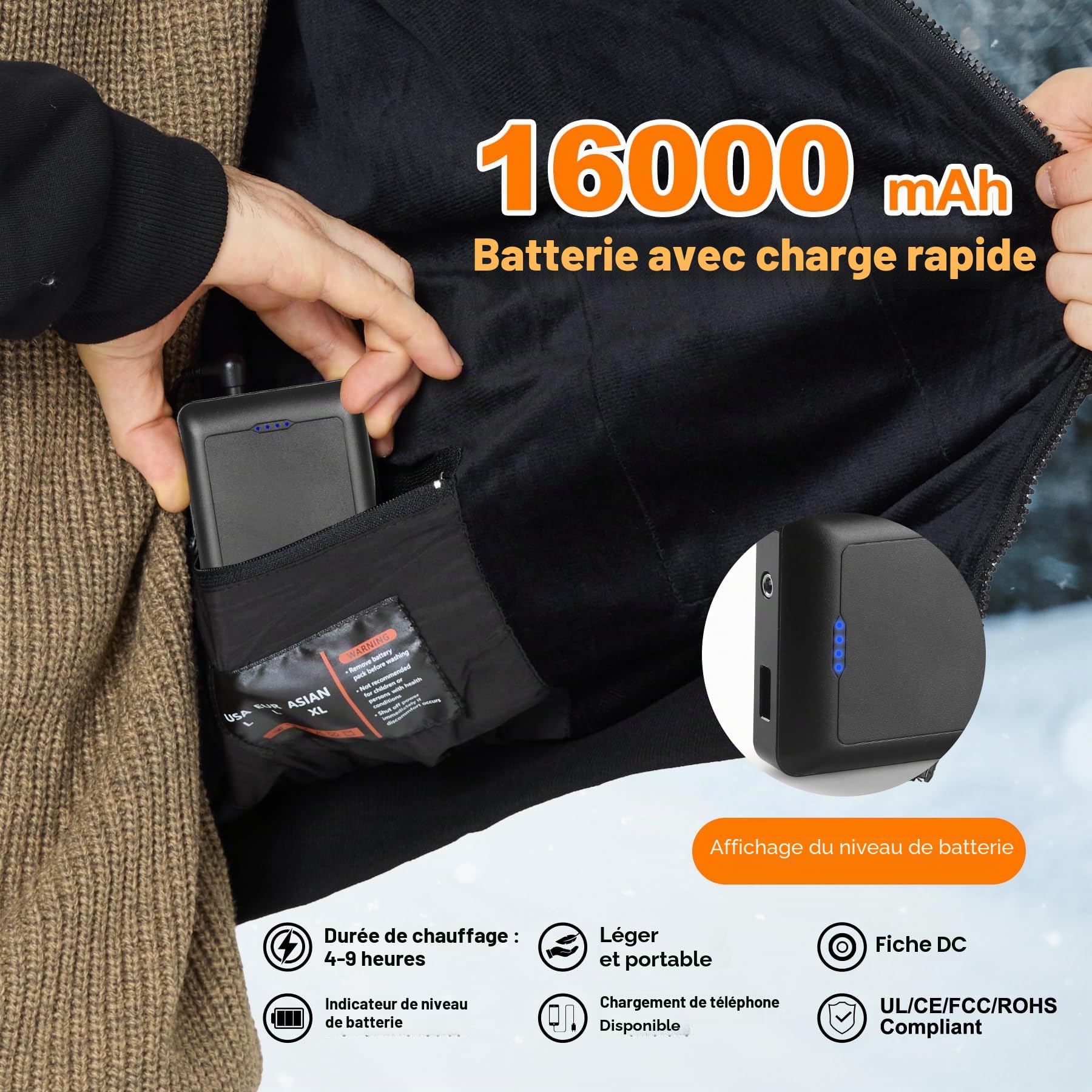 Sweat Chauffant Homme avec Batterie 7,4 V 16000 mAh Manteau Chauffant Homme Pull Chauffant Vetement Chauffant avec 3 Niveaux de Température