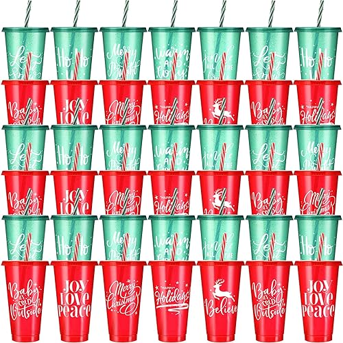 Tioncy 50 vasos de plástico de Navidad con tapas y popote a granel, vasos de plástico de Navidad reutilizables de 25 onzas, tazas de Navidad para