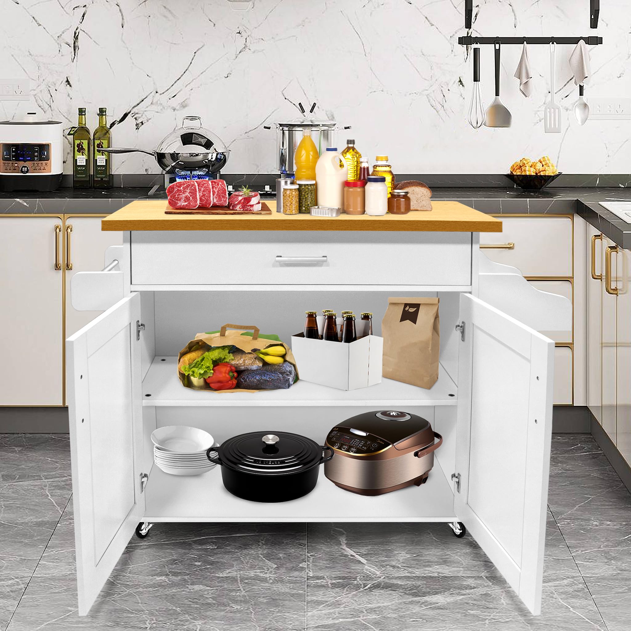 UISEBRT Carrello da cucina con piano di lavoro, isola da cucina in legno, mobile da cucina su ruote, carrello da portata con cassetto e ripiano, carrello da cucina in stile rustico, bianco