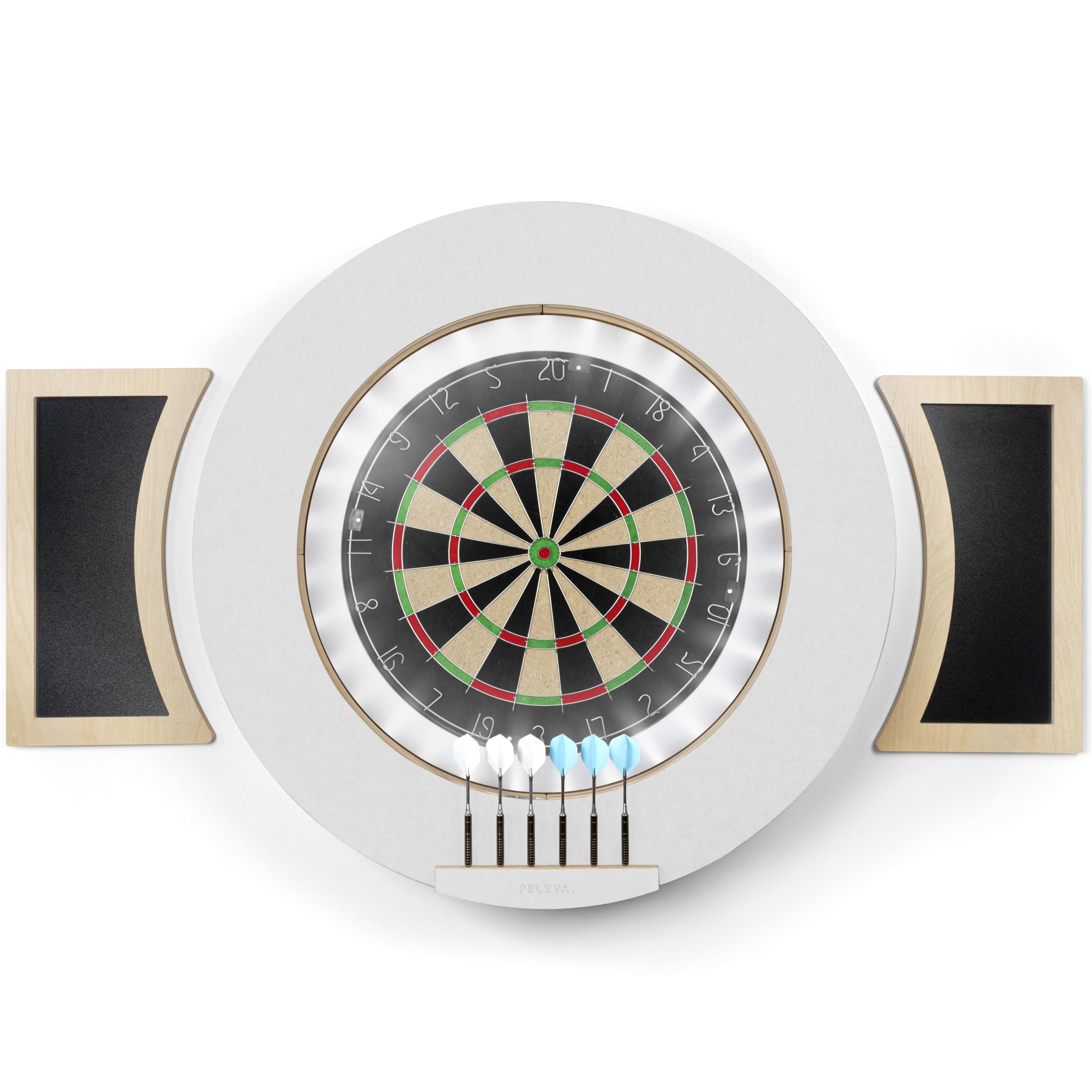 peleya Dart Board Cabinet Set with LED Light; Bristle Dartboard, Built in LED Light, Darts and Chalkboards (White, Official Tournament Size)
