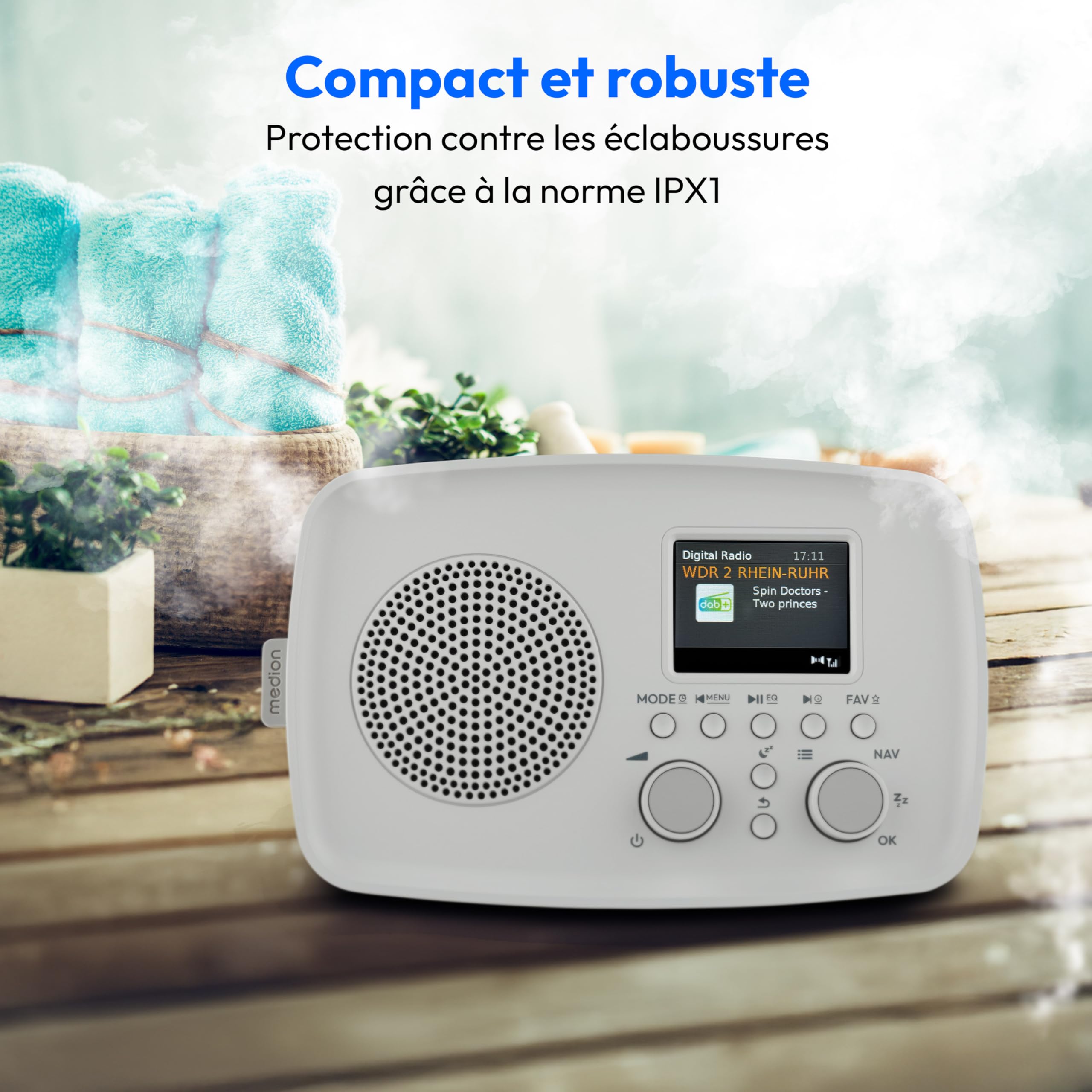 MEDION Radio Dab+ avec Bluetooth DRE-1 (Dab Plus, Radio FM, Protection Anti-Gouttes, antenne télescopique, réveil, Fonction Snooze, variateur d’Affichage, système d’Alerte d’Urgence ASA), Gris